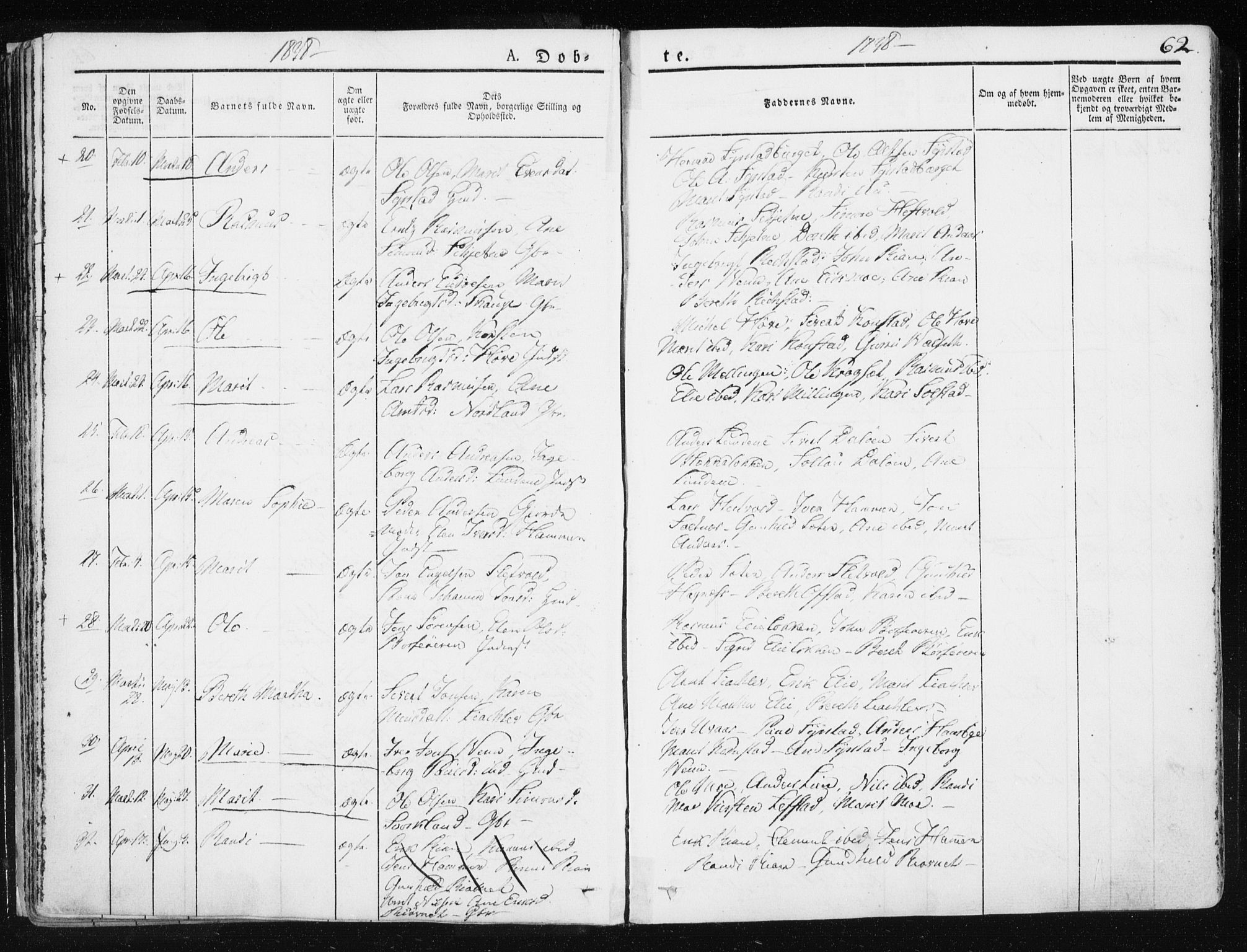 Ministerialprotokoller, klokkerbøker og fødselsregistre - Sør-Trøndelag, SAT/A-1456/665/L0771: Parish register (official) no. 665A06, 1830-1856, p. 62