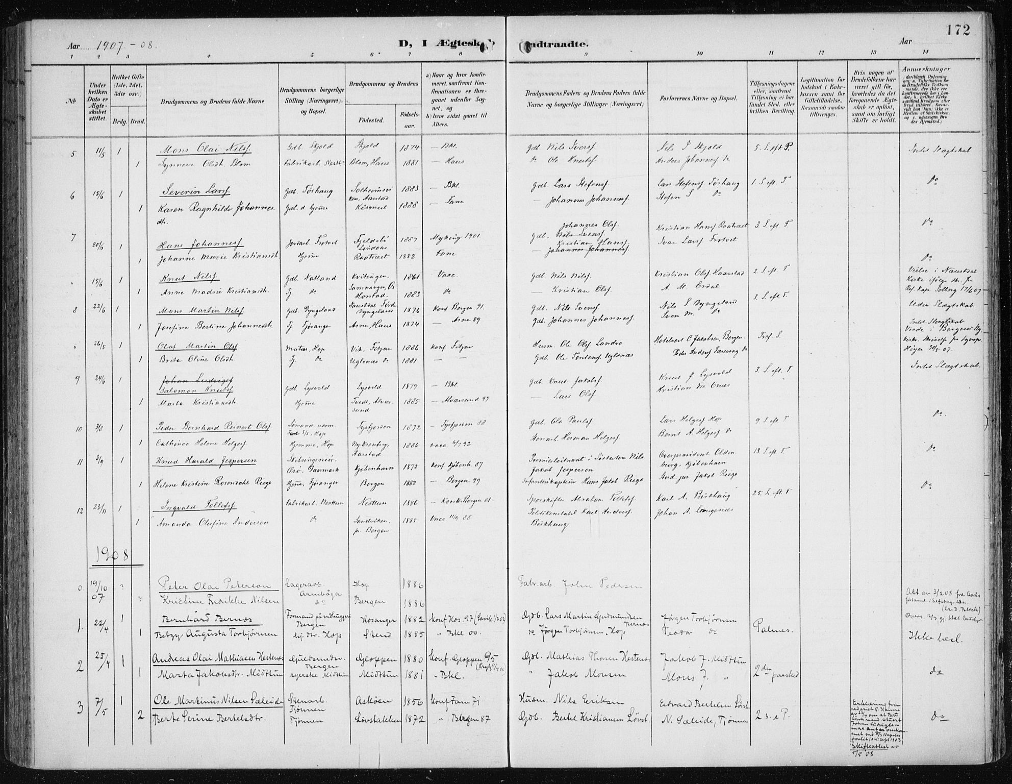 Fana Sokneprestembete, AV/SAB-A-75101/H/Haa/Haai/L0003: Parish register (official) no. I 3, 1900-1912, p. 172