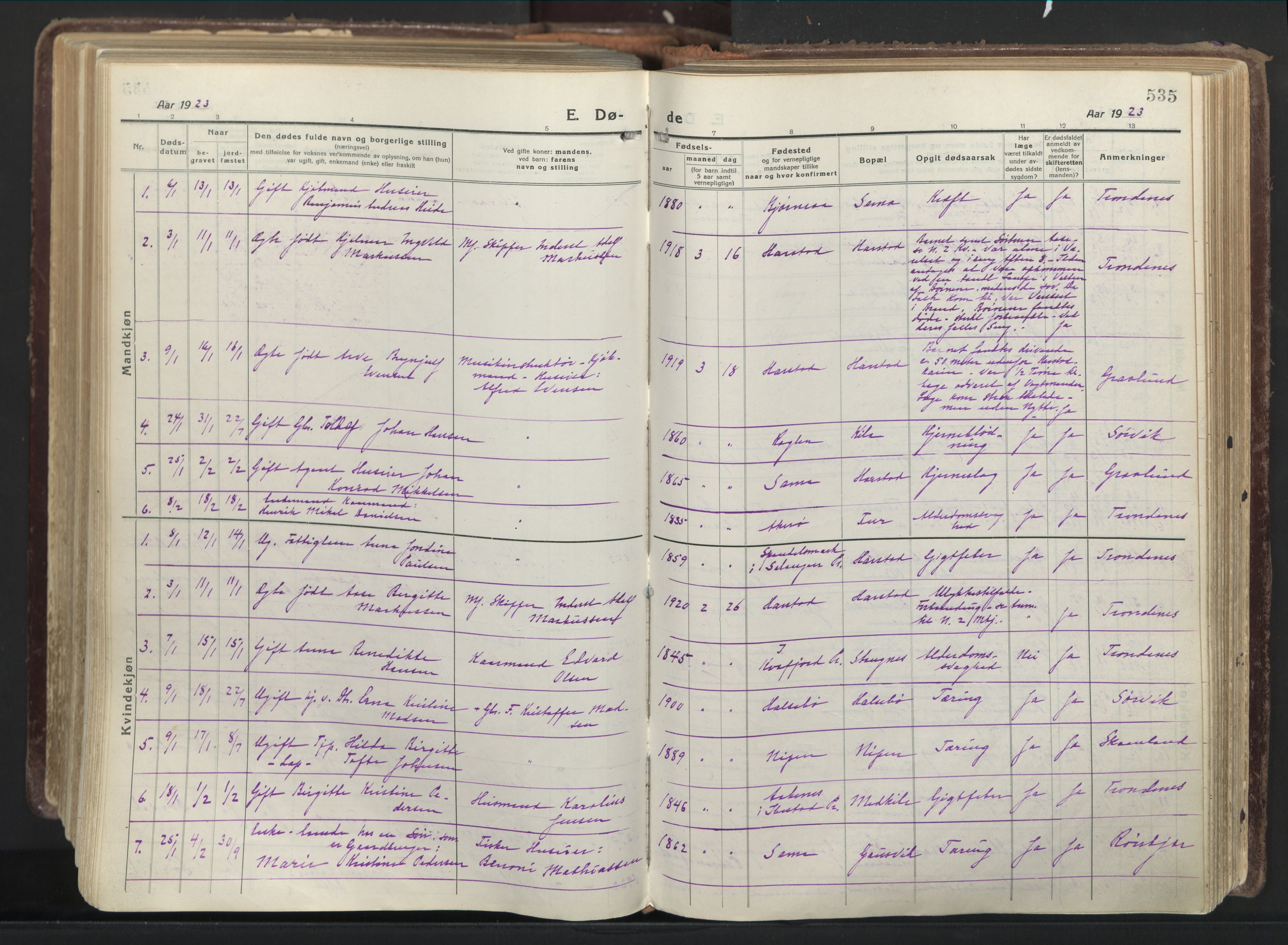 Trondenes sokneprestkontor, AV/SATØ-S-1319/H/Ha/L0019kirke: Parish register (official) no. 19, 1919-1928, p. 535