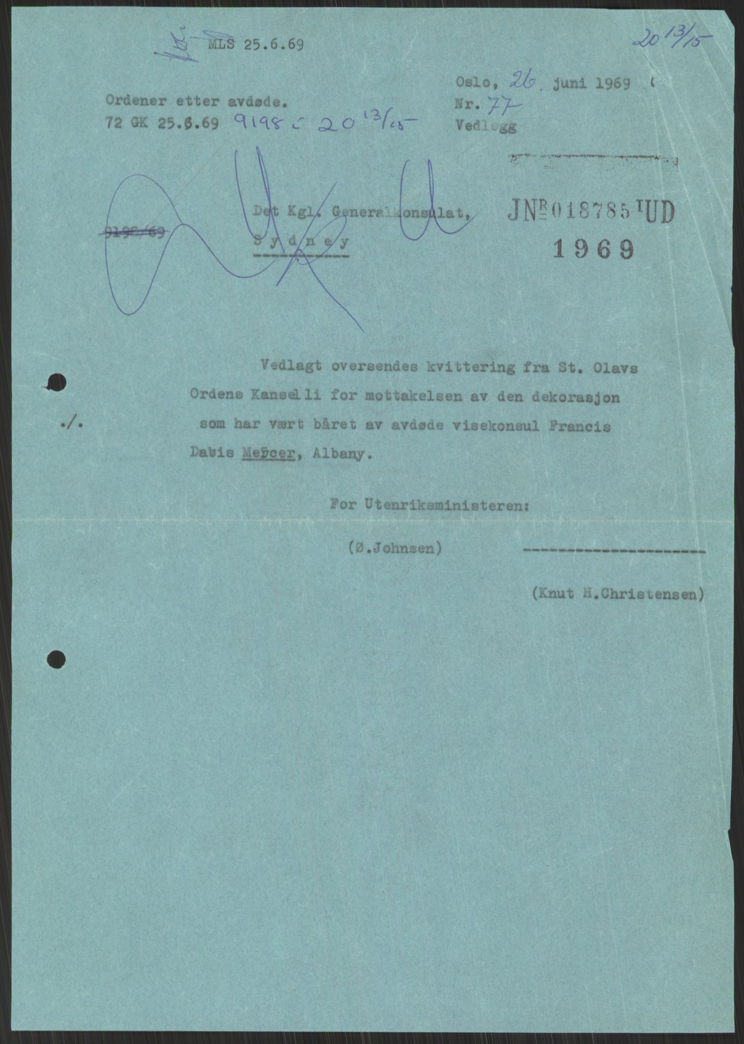 Utenriksdepartementet, hovedarkiv, AV/RA-S-6794/D/Da/Daa/L0537: Ordensvesen. Fremmede lands ordener, medaljer og hederstegn. Hjemsendelse av norske ordener etter utlendinger, 1954-1969, p. 327