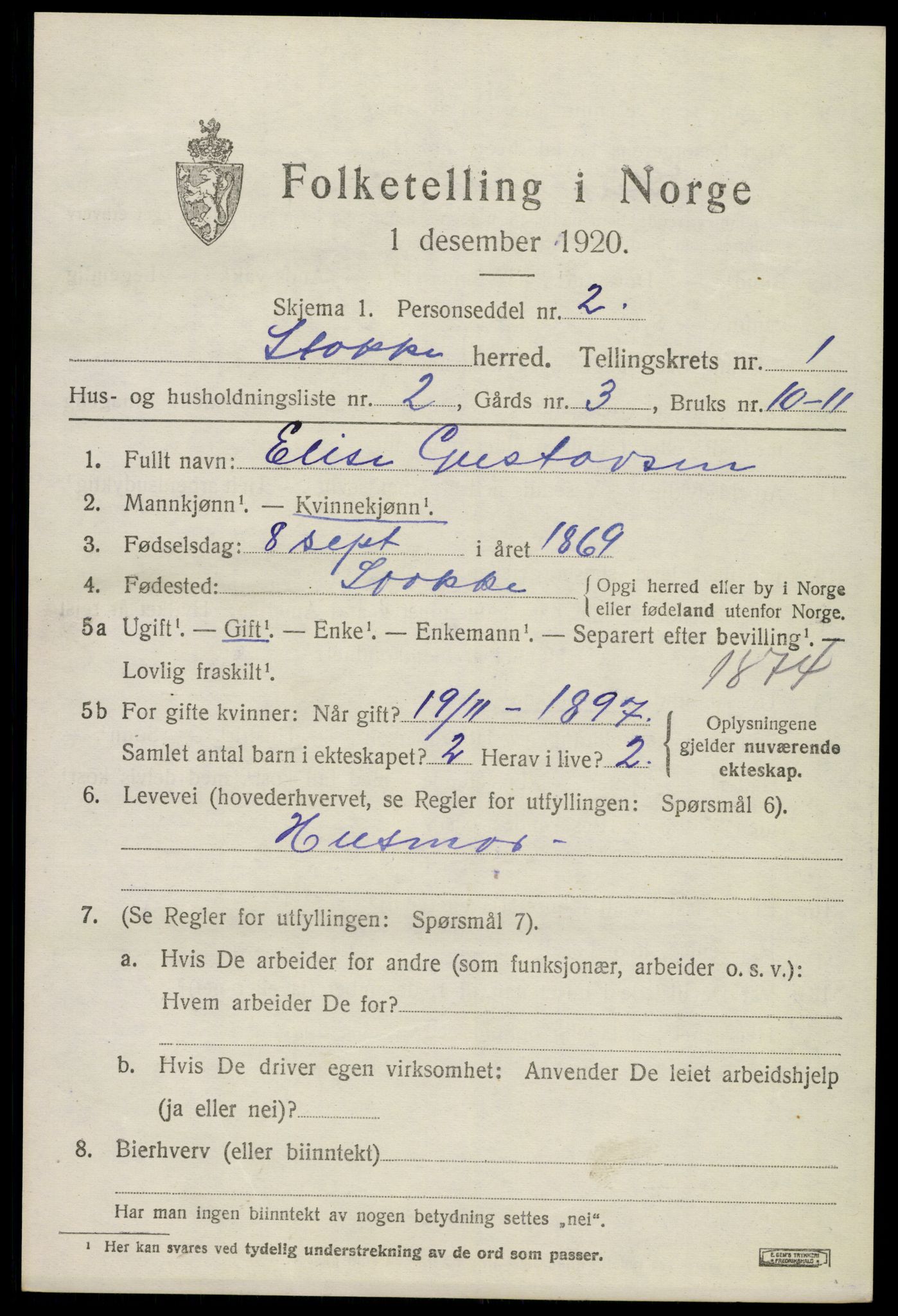 SAKO, 1920 census for Stokke, 1920, p. 2052