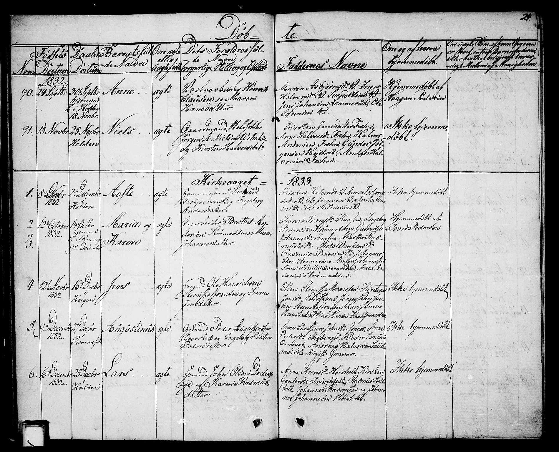 Holla kirkebøker, AV/SAKO-A-272/G/Ga/L0002: Parish register (copy) no. I 2, 1830-1848, p. 24