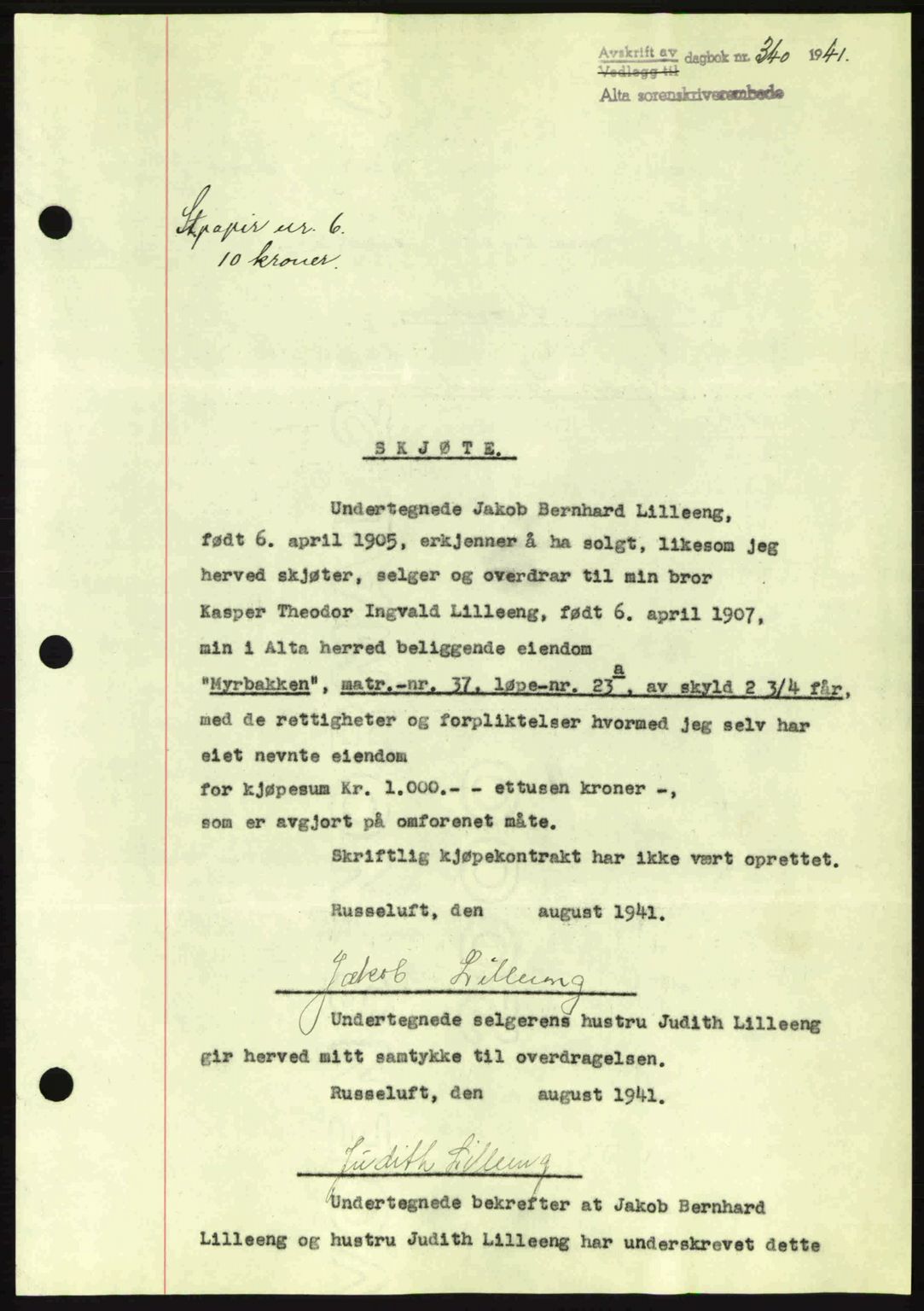 Alta fogderi/sorenskriveri, SATØ/SATØ-5/1/K/Kd/L0033pantebok: Mortgage book no. 33, 1940-1943, Diary no: : 340/1941
