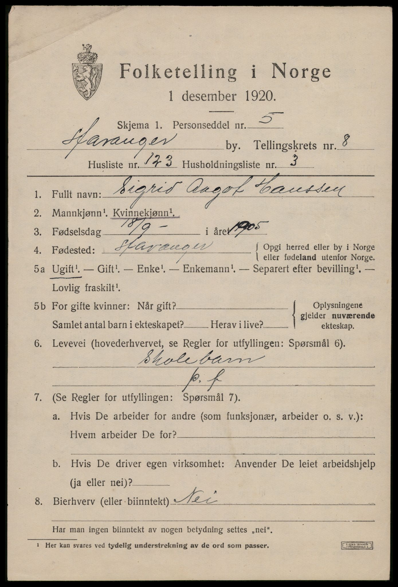 SAST, 1920 census for Stavanger, 1920, p. 49648