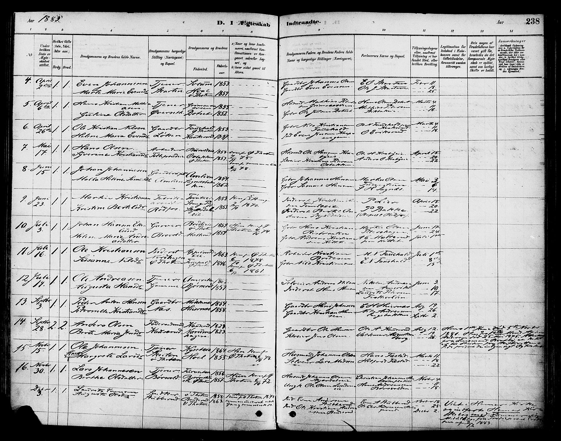 Vestre Toten prestekontor, AV/SAH-PREST-108/H/Ha/Haa/L0009: Parish register (official) no. 9, 1878-1894, p. 238