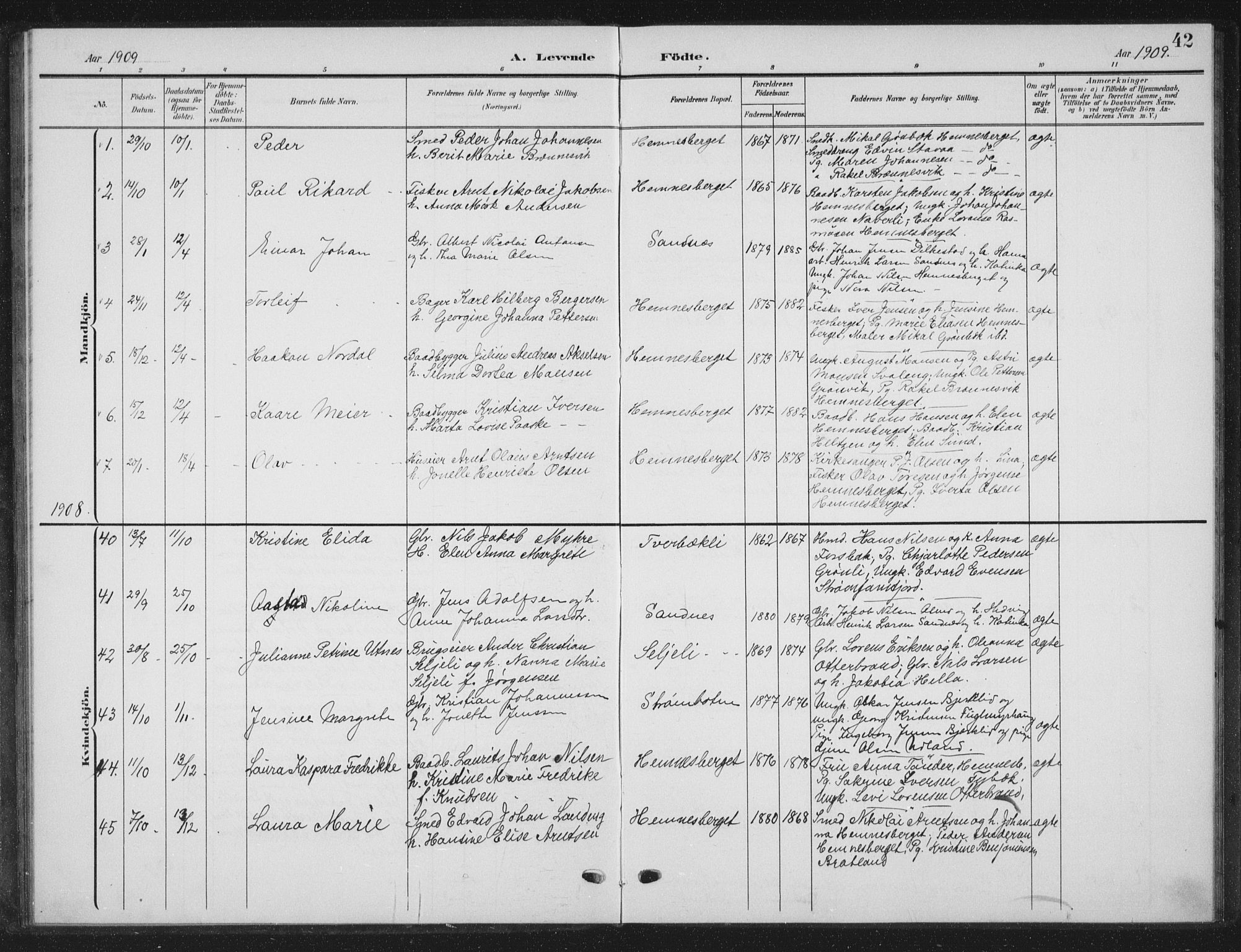 Ministerialprotokoller, klokkerbøker og fødselsregistre - Nordland, AV/SAT-A-1459/825/L0370: Parish register (copy) no. 825C07, 1903-1923, p. 42