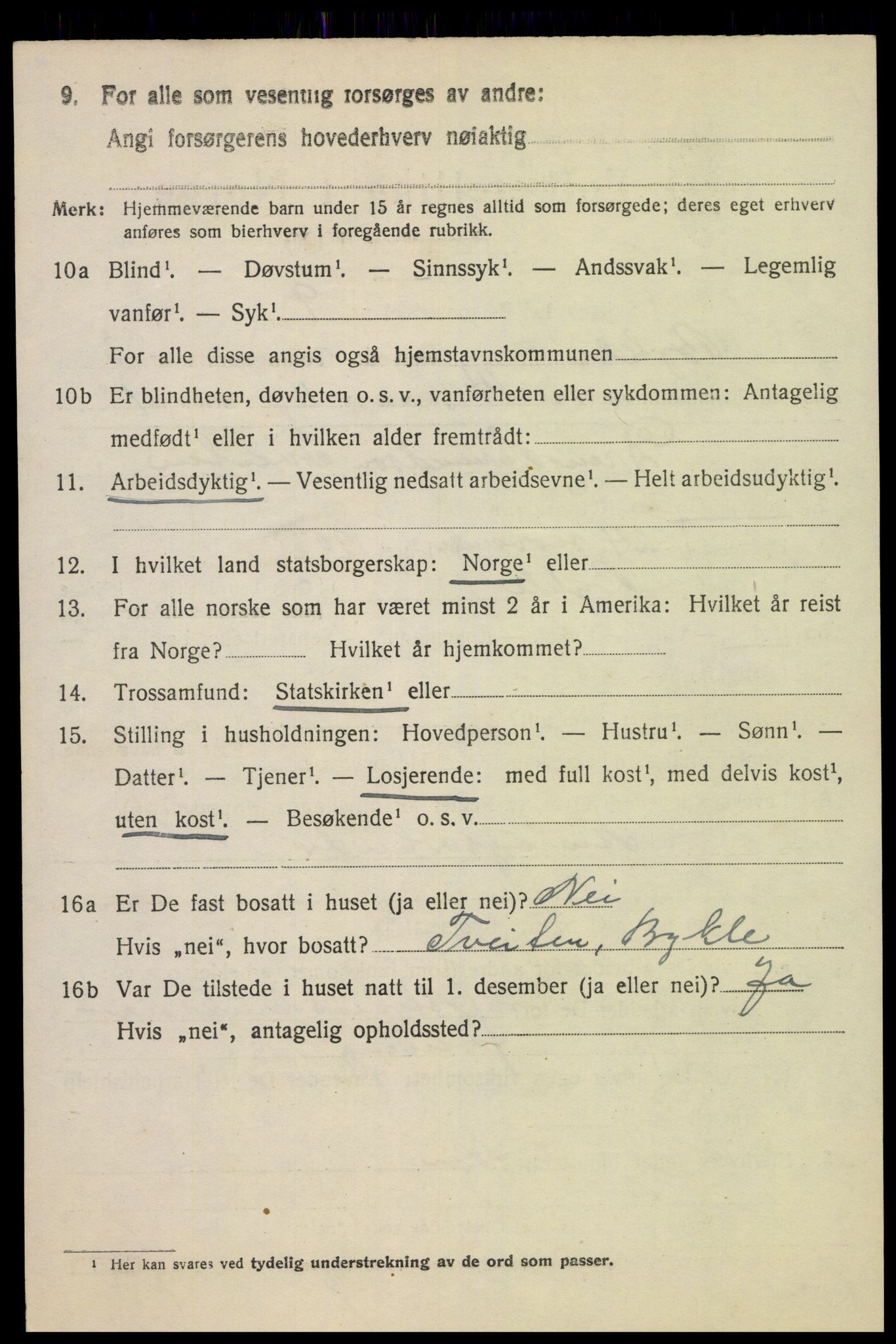 SAK, 1920 census for Bykle, 1920, p. 1192