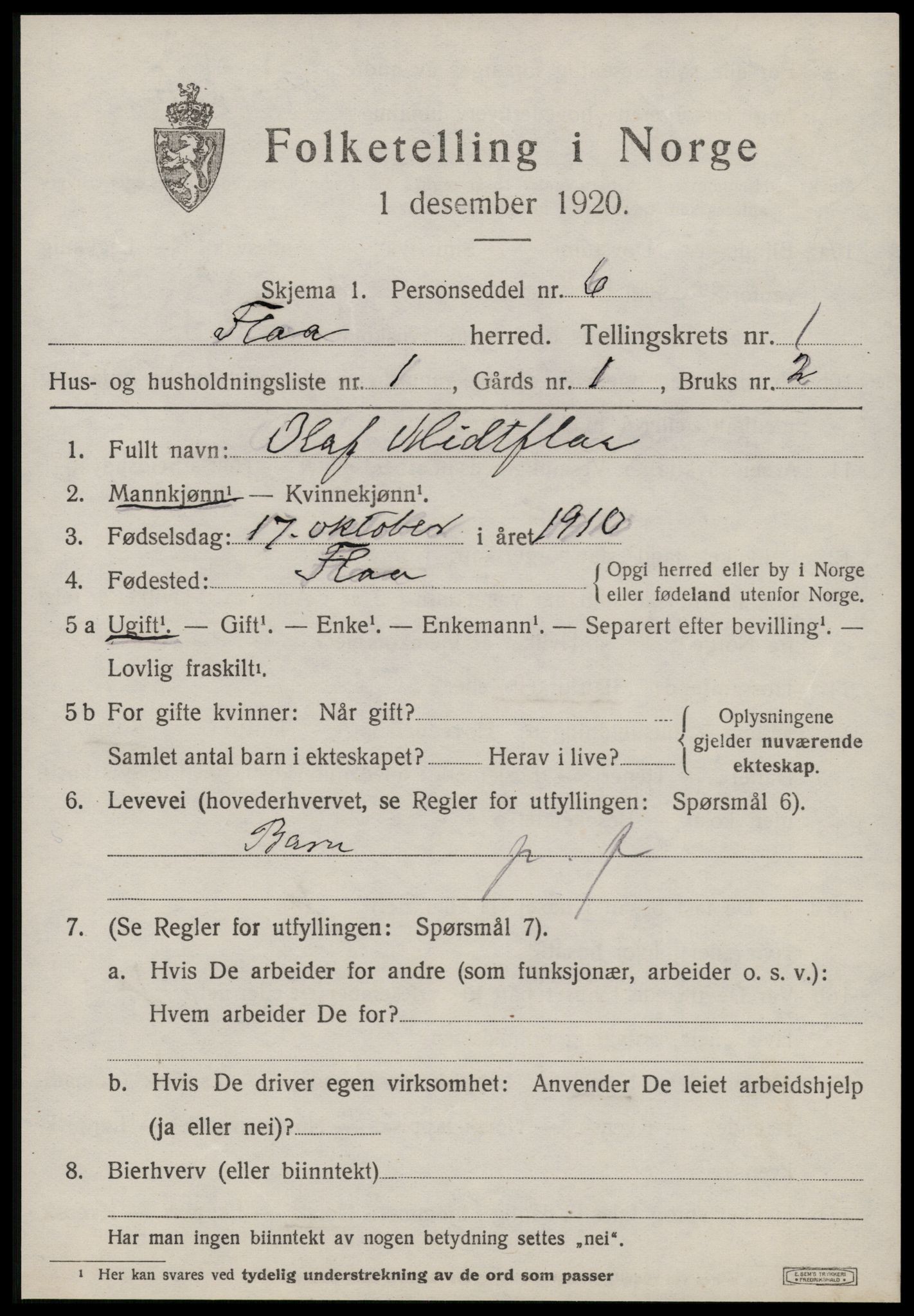 SAT, 1920 census for Flå, 1920, p. 286