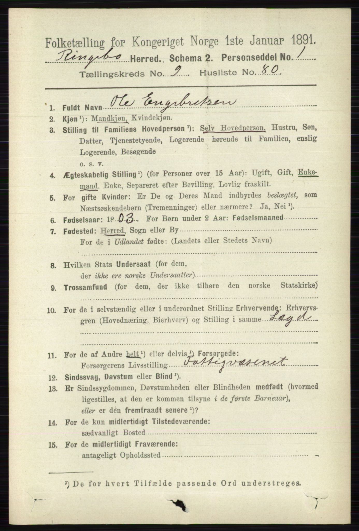 RA, 1891 census for 0520 Ringebu, 1891, p. 4730