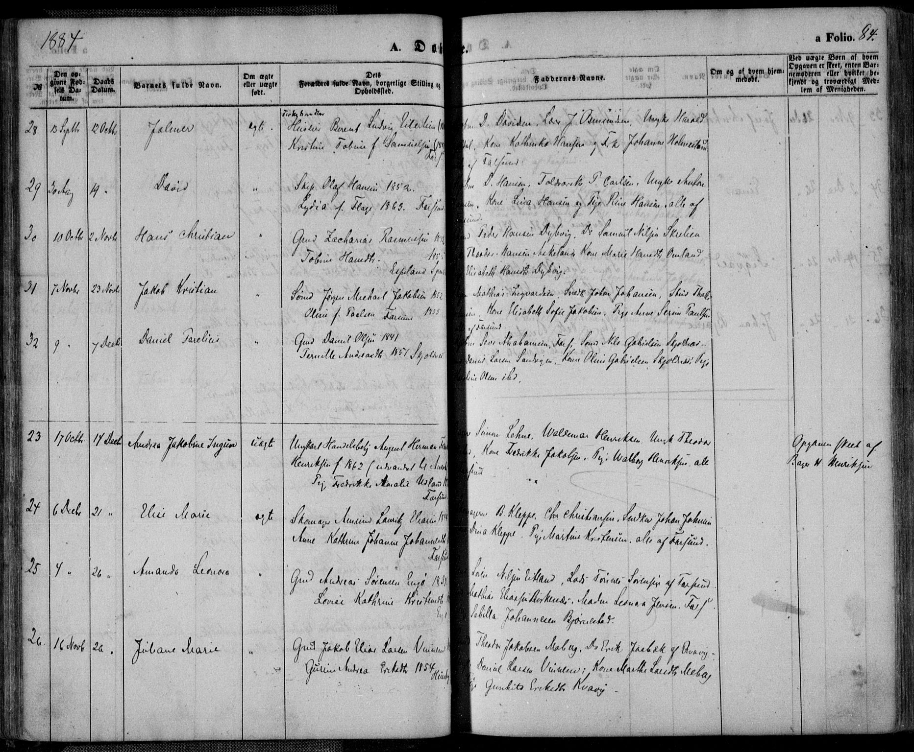 Farsund sokneprestkontor, AV/SAK-1111-0009/F/Fa/L0005: Parish register (official) no. A 5, 1863-1886, p. 84