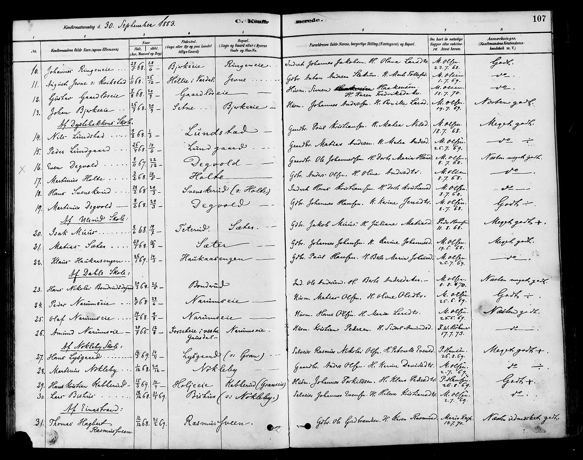 Vestre Toten prestekontor, AV/SAH-PREST-108/H/Ha/Haa/L0010: Parish register (official) no. 10, 1878-1894, p. 107