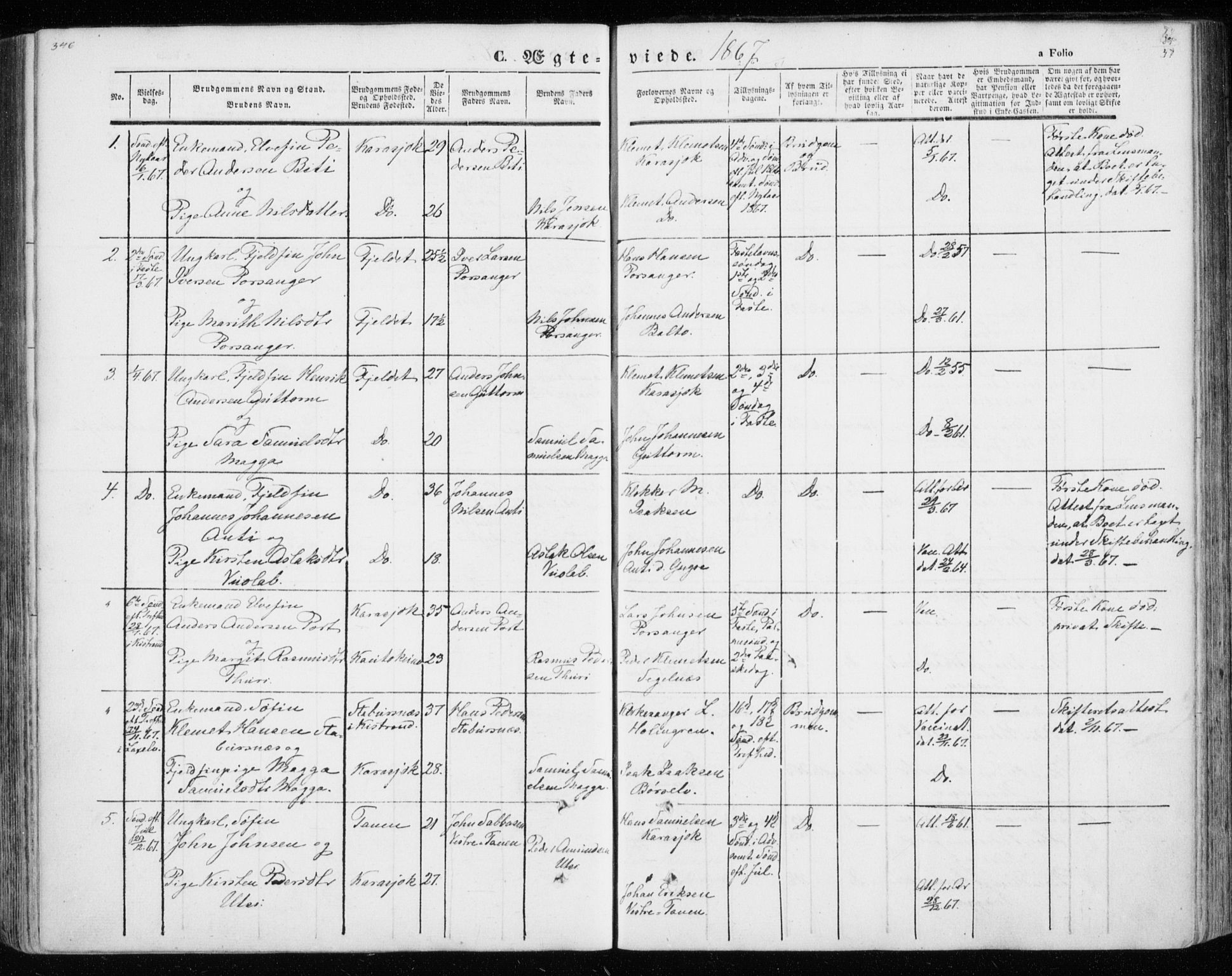 Kistrand/Porsanger sokneprestembete, AV/SATØ-S-1351/H/Ha/L0012.kirke: Parish register (official) no. 12, 1843-1871, p. 346-347