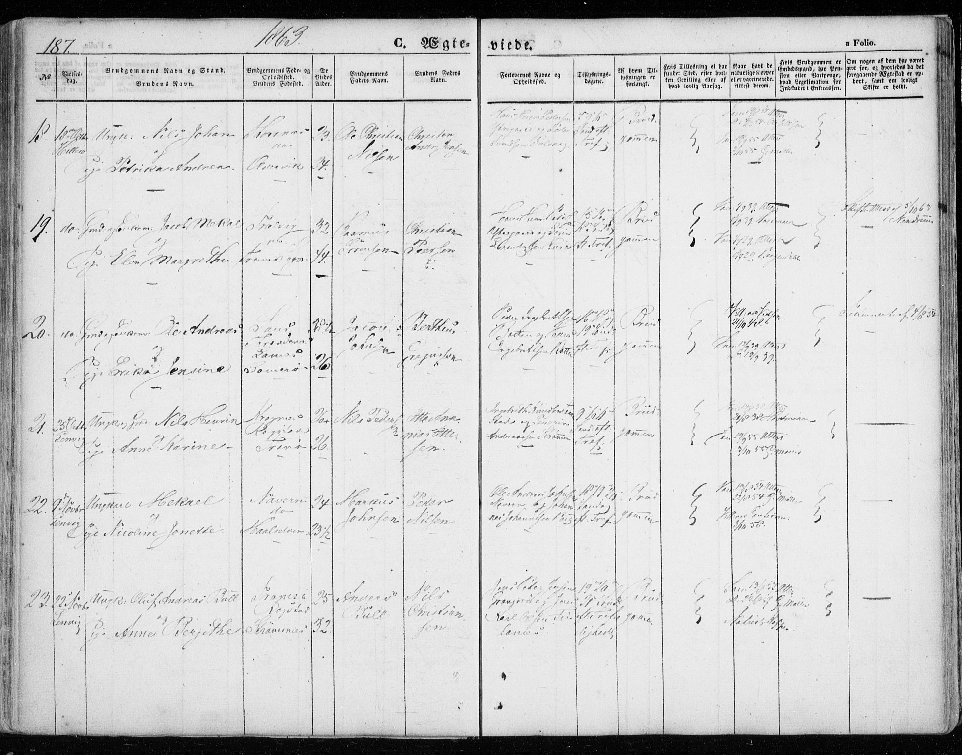 Lenvik sokneprestembete, SATØ/S-1310/H/Ha/Haa/L0007kirke: Parish register (official) no. 7, 1855-1865, p. 187
