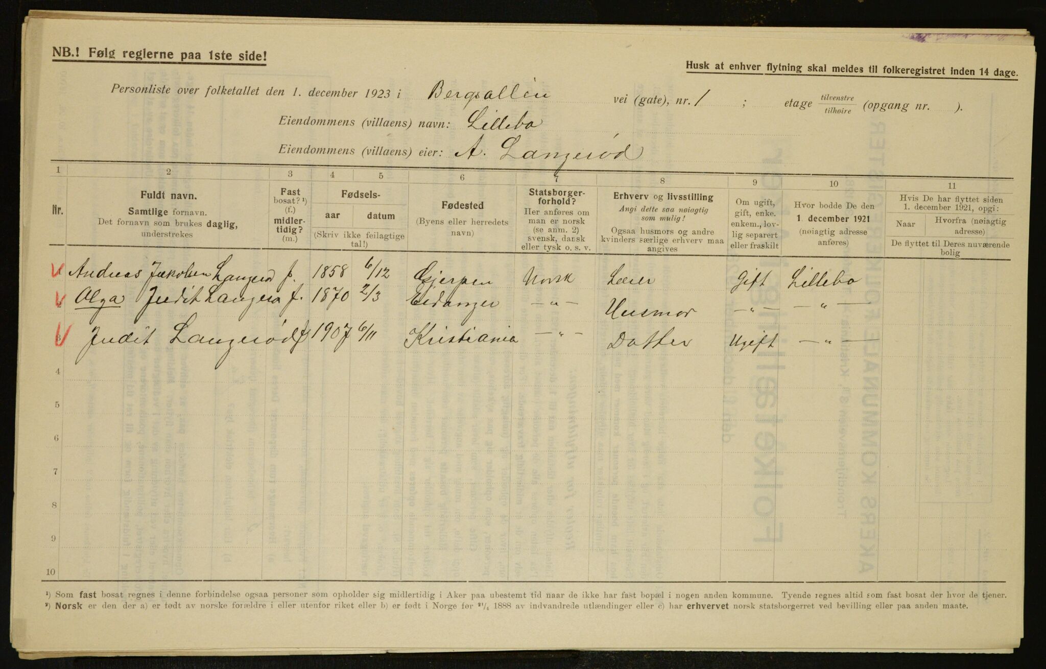 , Municipal Census 1923 for Aker, 1923, p. 7763