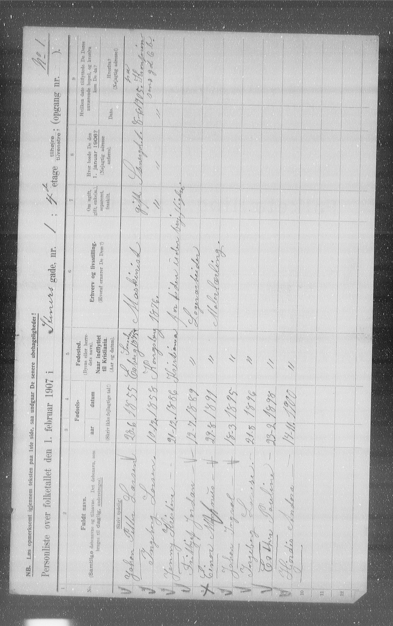 OBA, Municipal Census 1907 for Kristiania, 1907, p. 51654