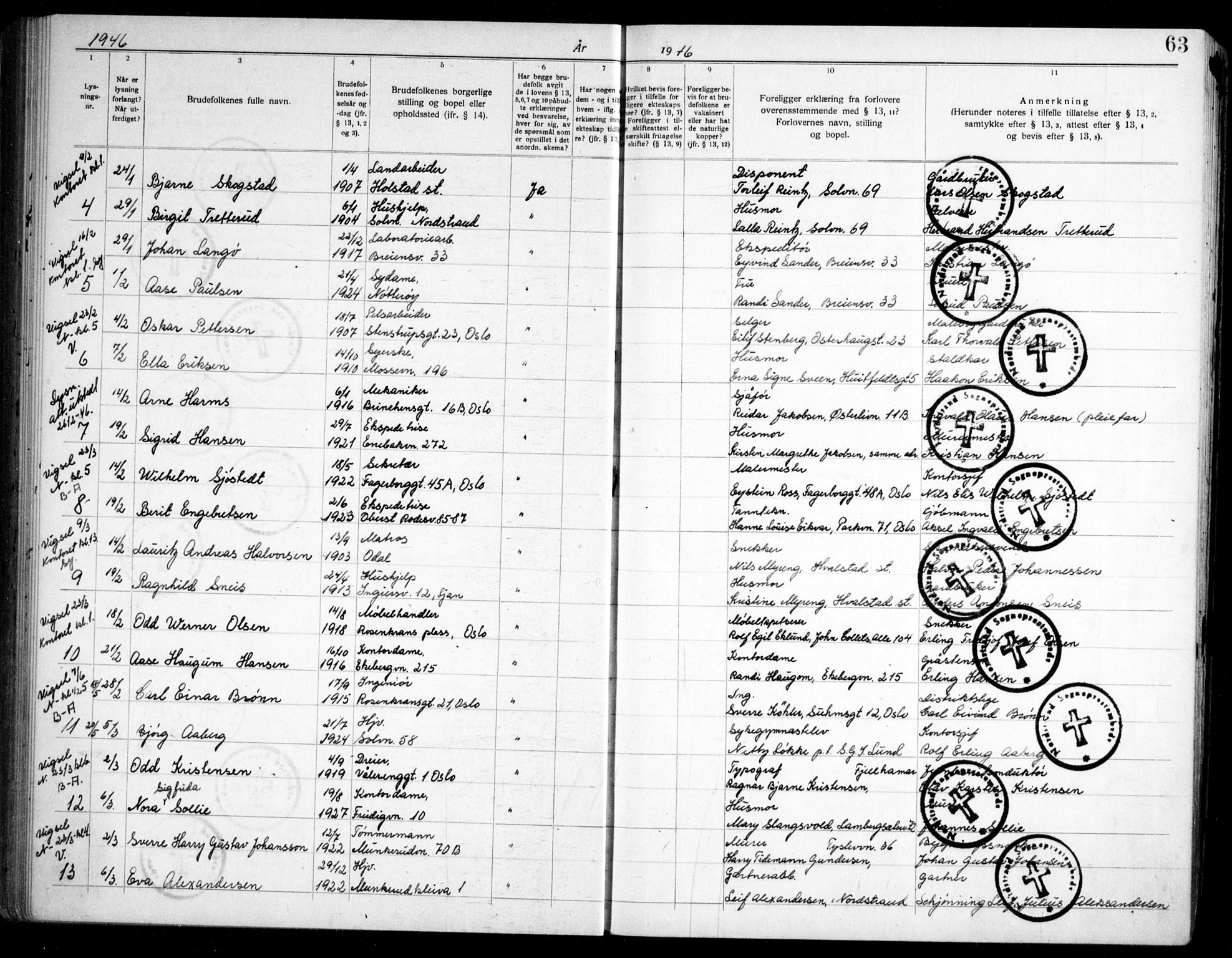 Nordstrand prestekontor Kirkebøker, SAO/A-10362a/H/Ha/L0002: Banns register no. 2, 1935-1950, p. 63