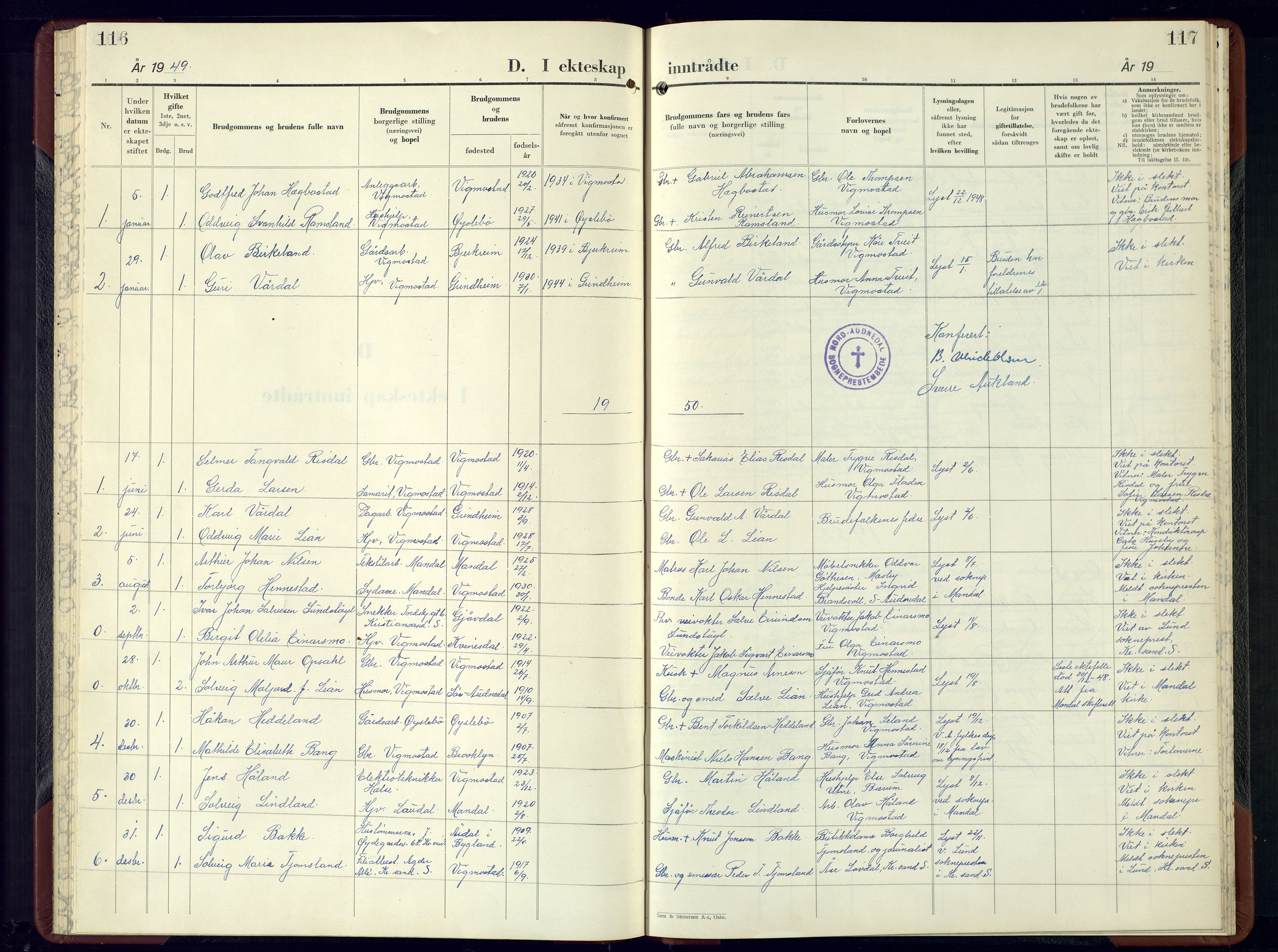 Nord-Audnedal sokneprestkontor, SAK/1111-0032/F/Fb/Fbb/L0007: Parish register (copy) no. B-7, 1949-1964, p. 116-117