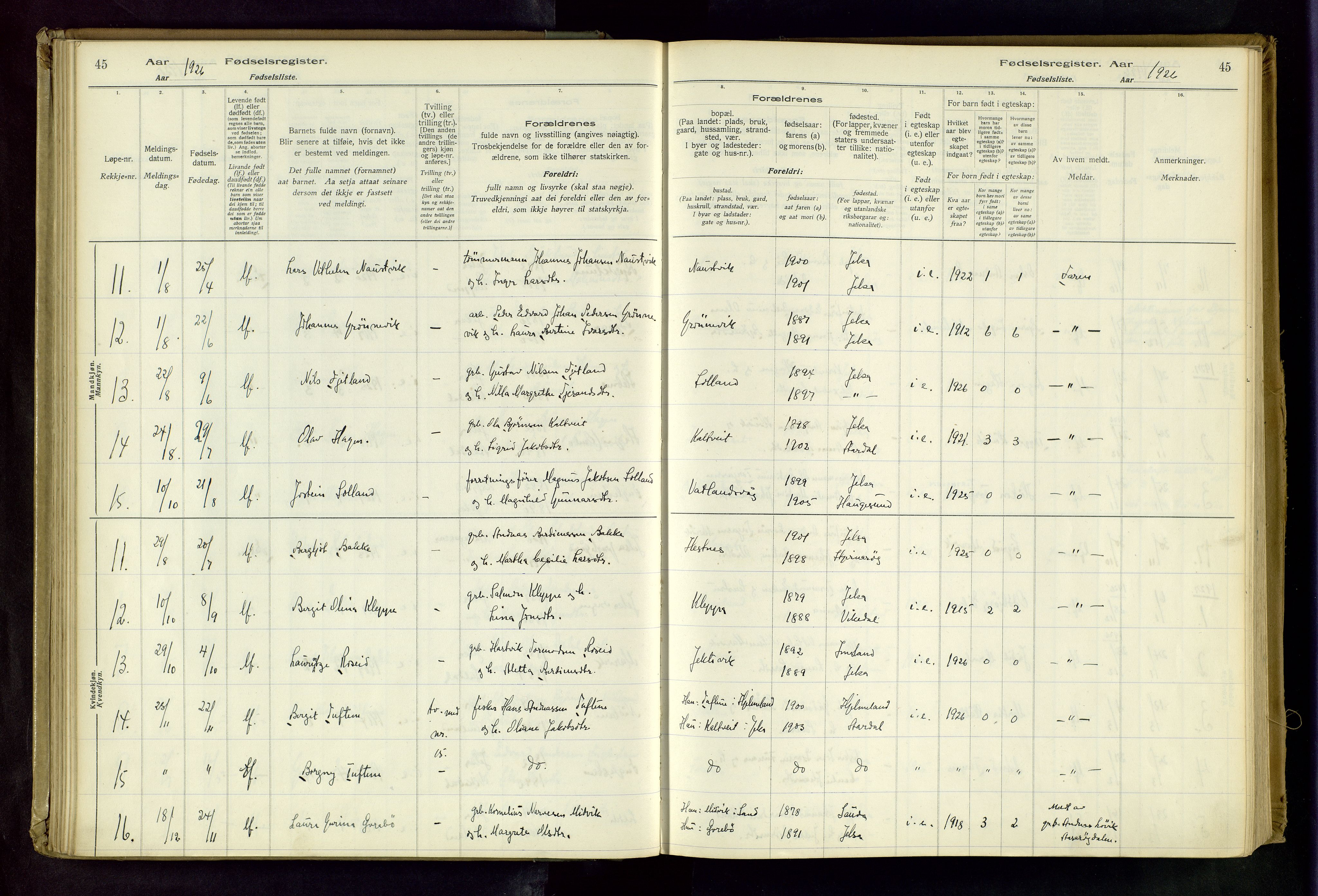 Jelsa sokneprestkontor, SAST/A-101842/02/I: Birth register no. 13, 1916-1982, p. 45