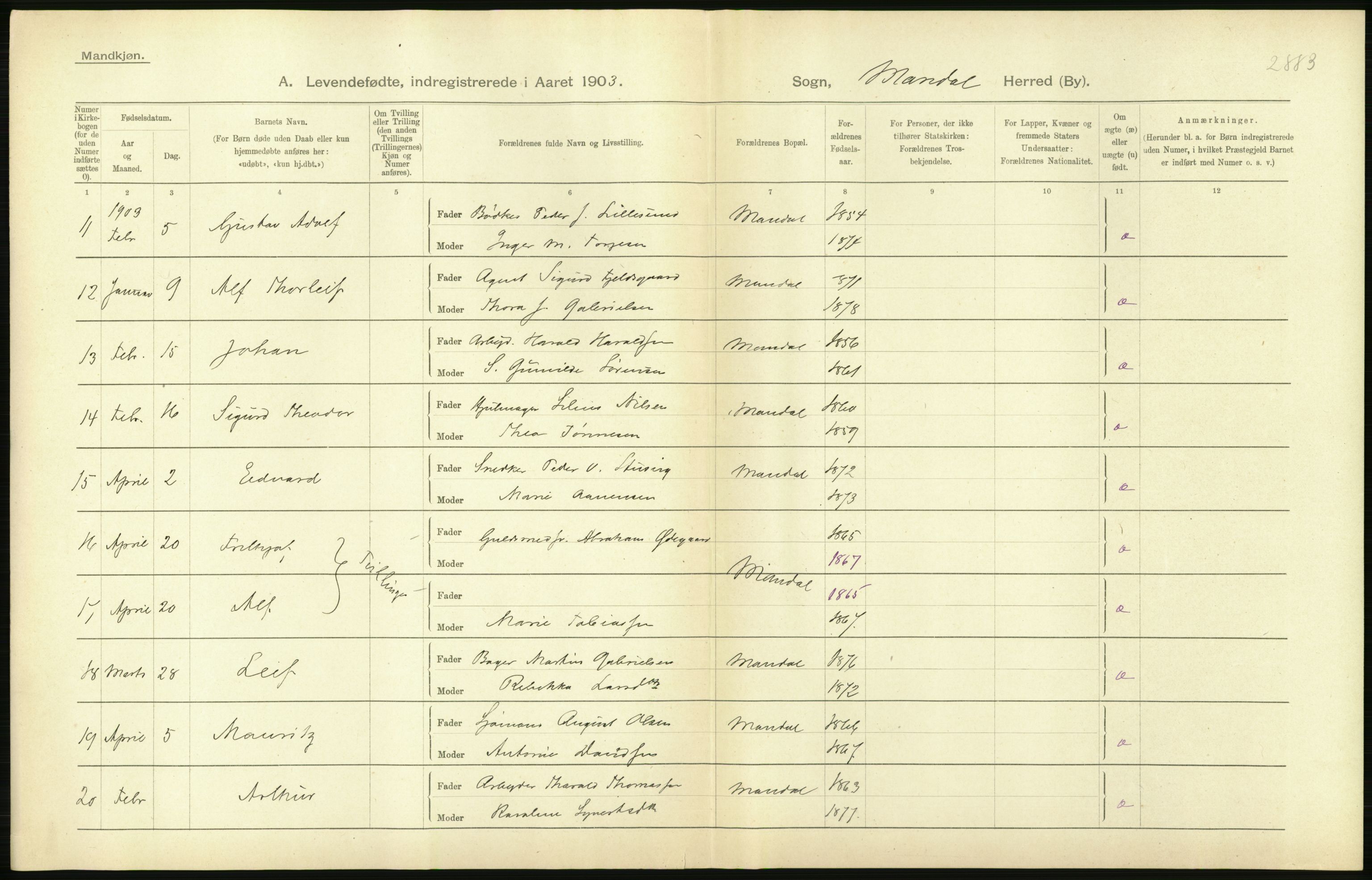 Statistisk sentralbyrå, Sosiodemografiske emner, Befolkning, AV/RA-S-2228/D/Df/Dfa/Dfaa/L0011: Lister og Mandal amt: Fødte, gifte, døde, 1903, p. 210