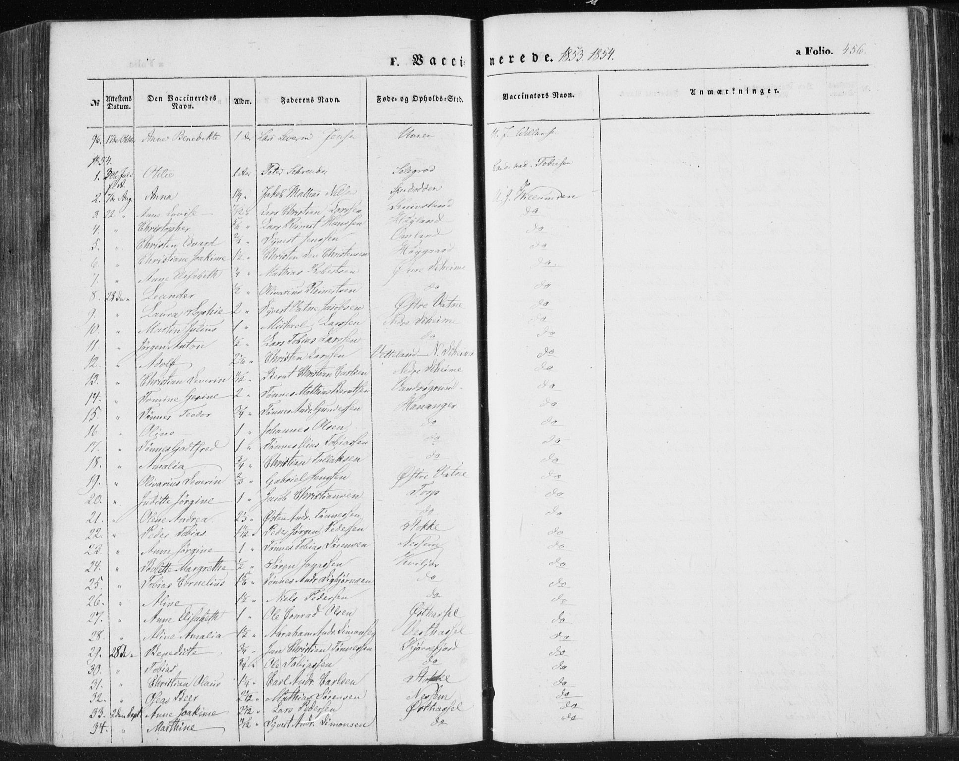 Lista sokneprestkontor, SAK/1111-0027/F/Fa/L0010: Parish register (official) no. A 10, 1846-1861, p. 456