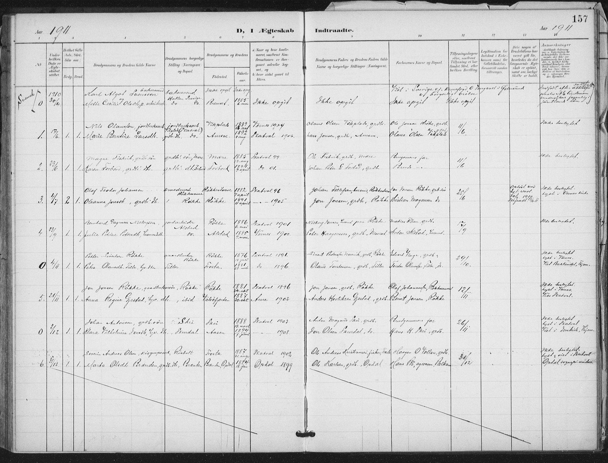 Ministerialprotokoller, klokkerbøker og fødselsregistre - Nord-Trøndelag, SAT/A-1458/712/L0101: Parish register (official) no. 712A02, 1901-1916, p. 157
