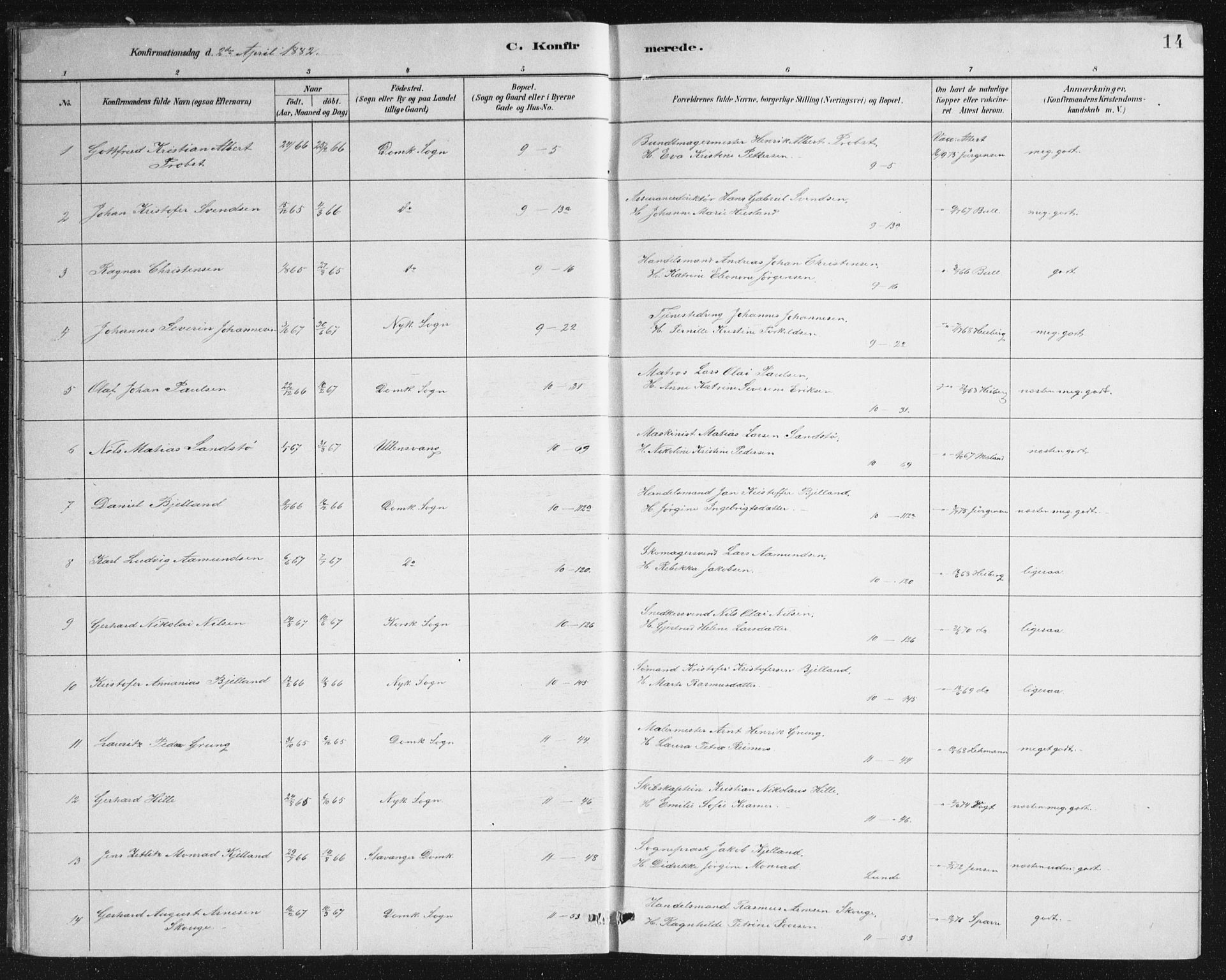 Domkirken sokneprestembete, SAB/A-74801/H/Haa/L0066: Curate's parish register no. A 4, 1880-1912, p. 14