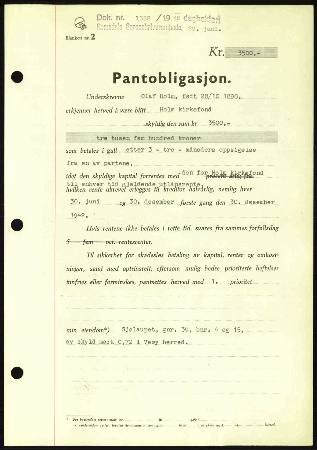 Romsdal sorenskriveri, AV/SAT-A-4149/1/2/2C: Mortgage book no. B2, 1939-1945, Diary no: : 1368/1942