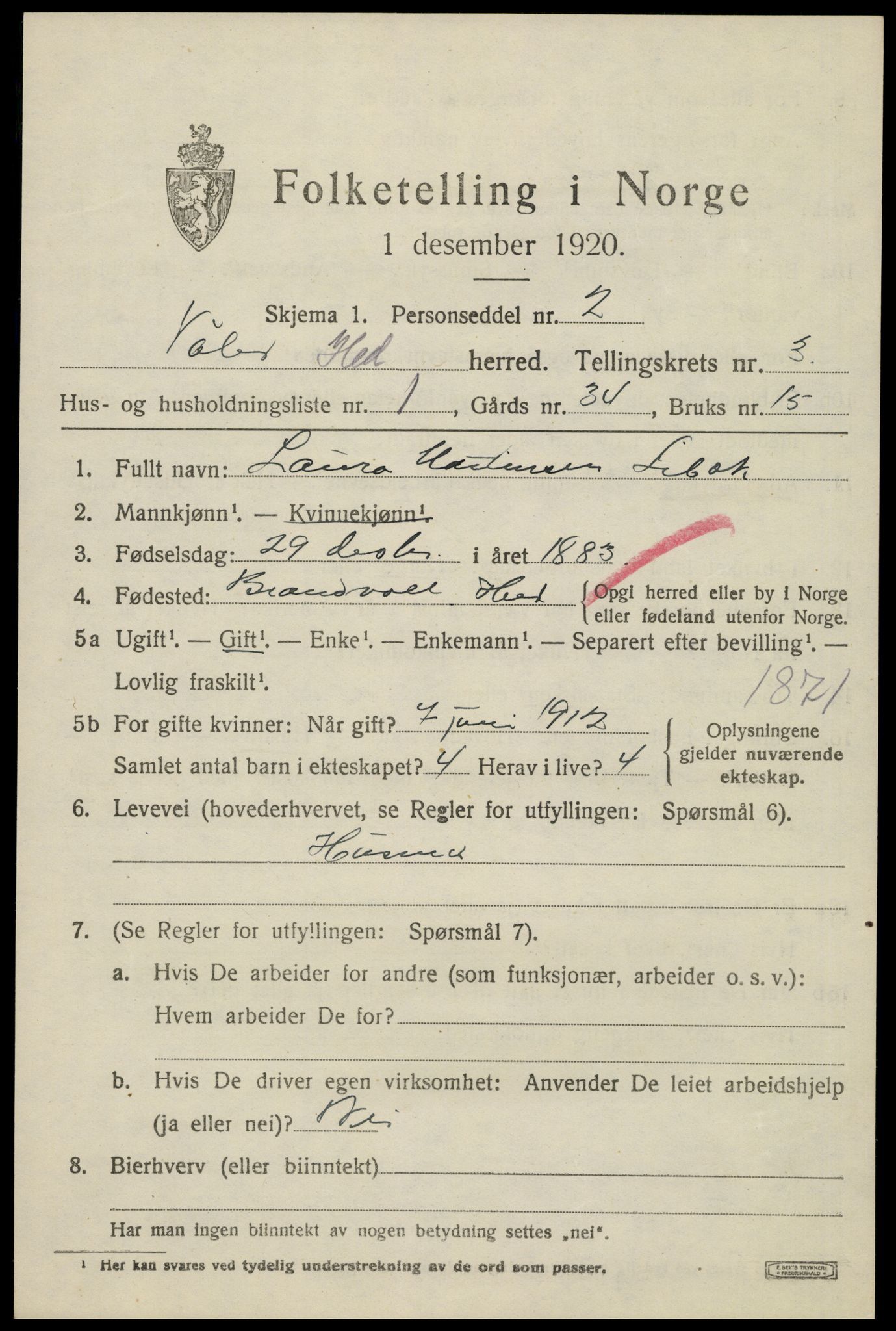 SAH, 1920 census for Våler (Hedmark), 1920, p. 3367