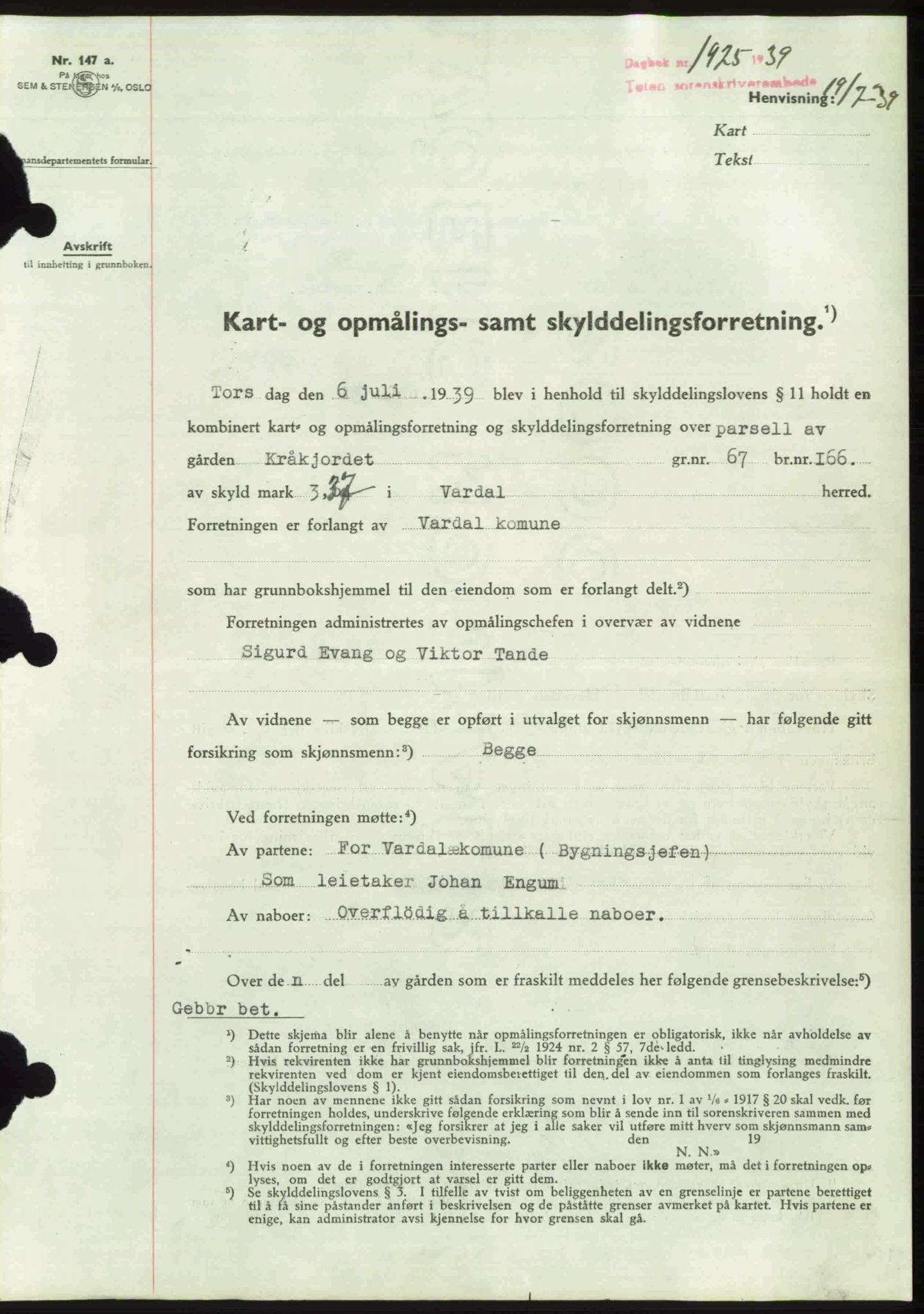 Toten tingrett, SAH/TING-006/H/Hb/Hbc/L0006: Mortgage book no. Hbc-06, 1939-1939, Diary no: : 1925/1939