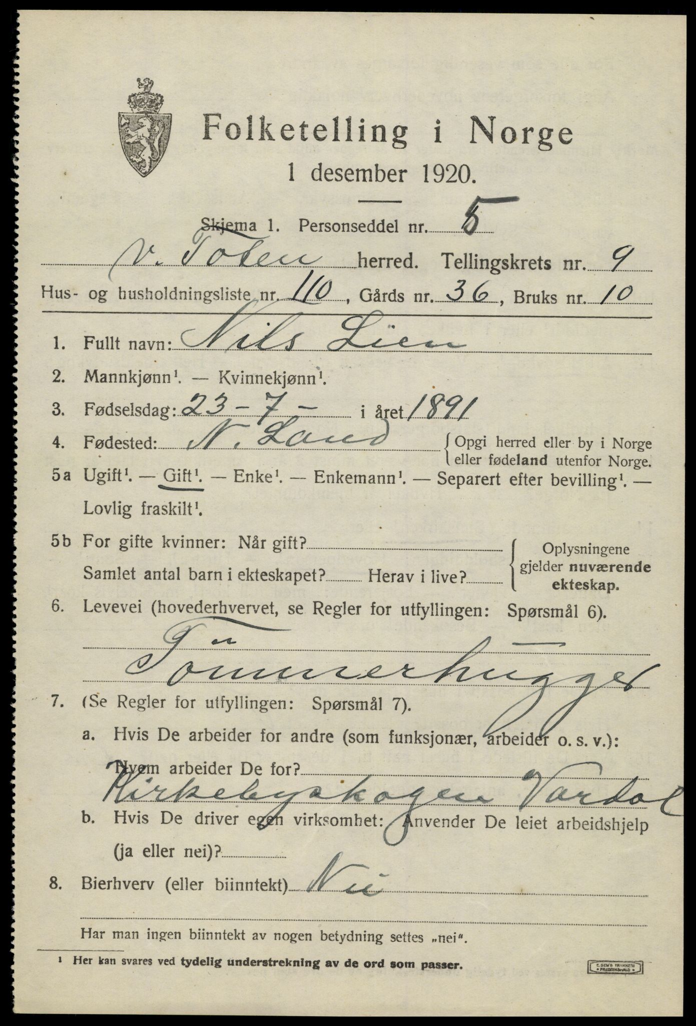 SAH, 1920 census for Vestre Toten, 1920, p. 12984