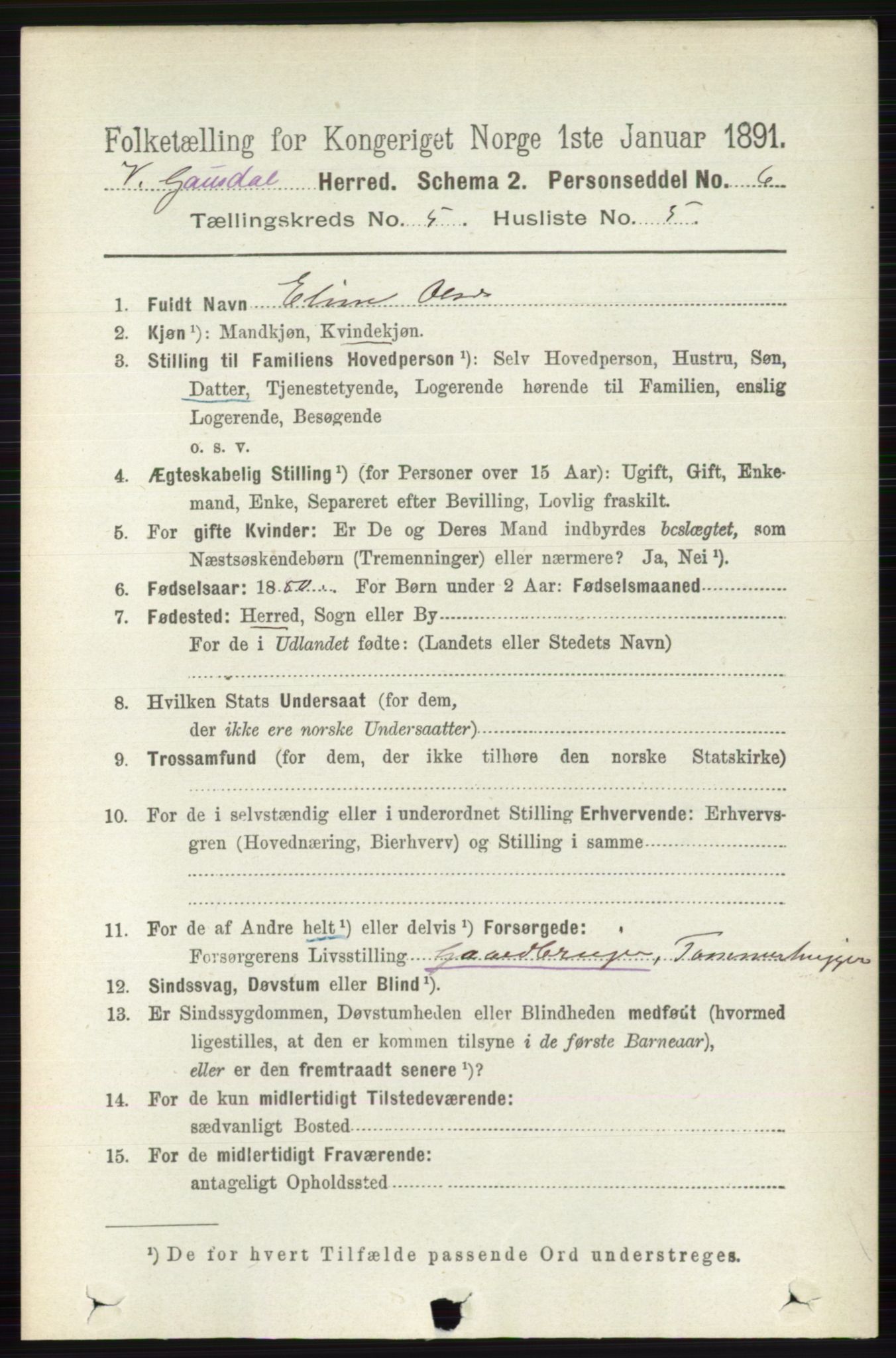 RA, 1891 census for 0523 Vestre Gausdal, 1891, p. 2199