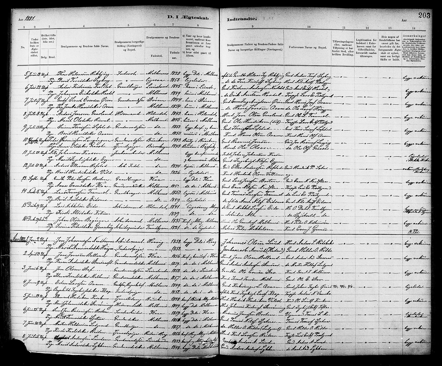 Ministerialprotokoller, klokkerbøker og fødselsregistre - Sør-Trøndelag, SAT/A-1456/691/L1094: Parish register (copy) no. 691C05, 1879-1911, p. 203