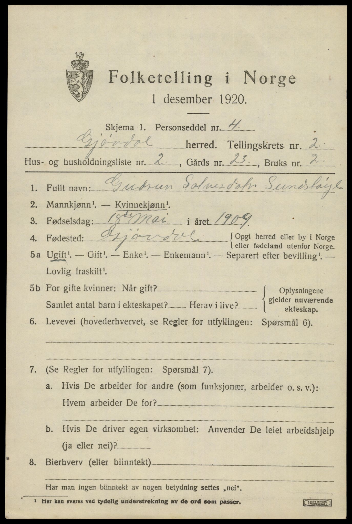 SAK, 1920 census for Gjøvdal, 1920, p. 844