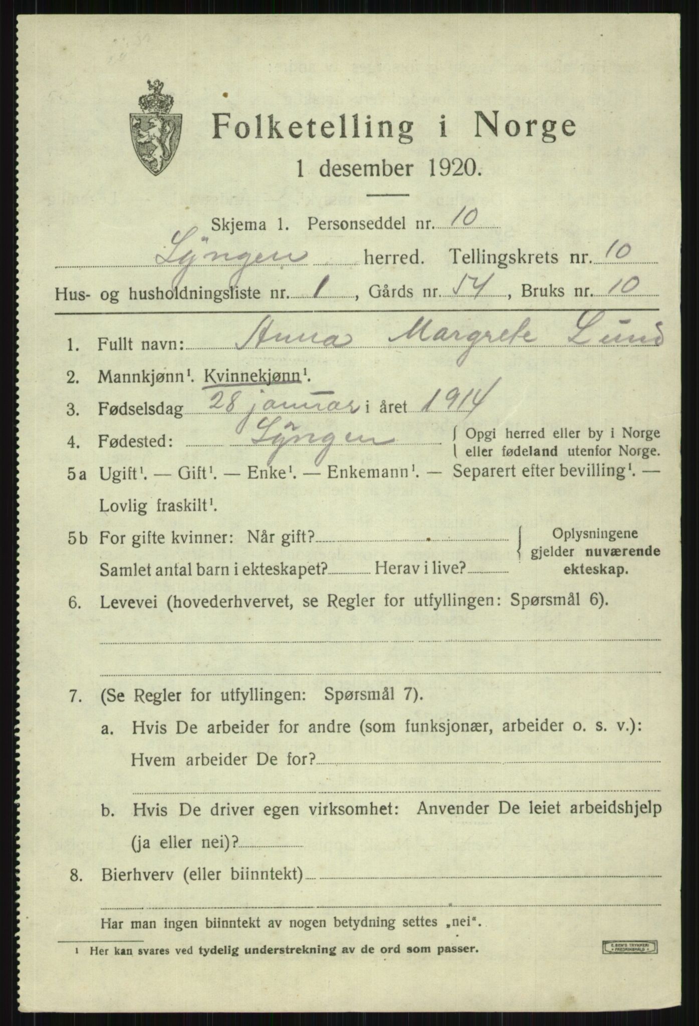 SATØ, 1920 census for Lyngen, 1920, p. 8115