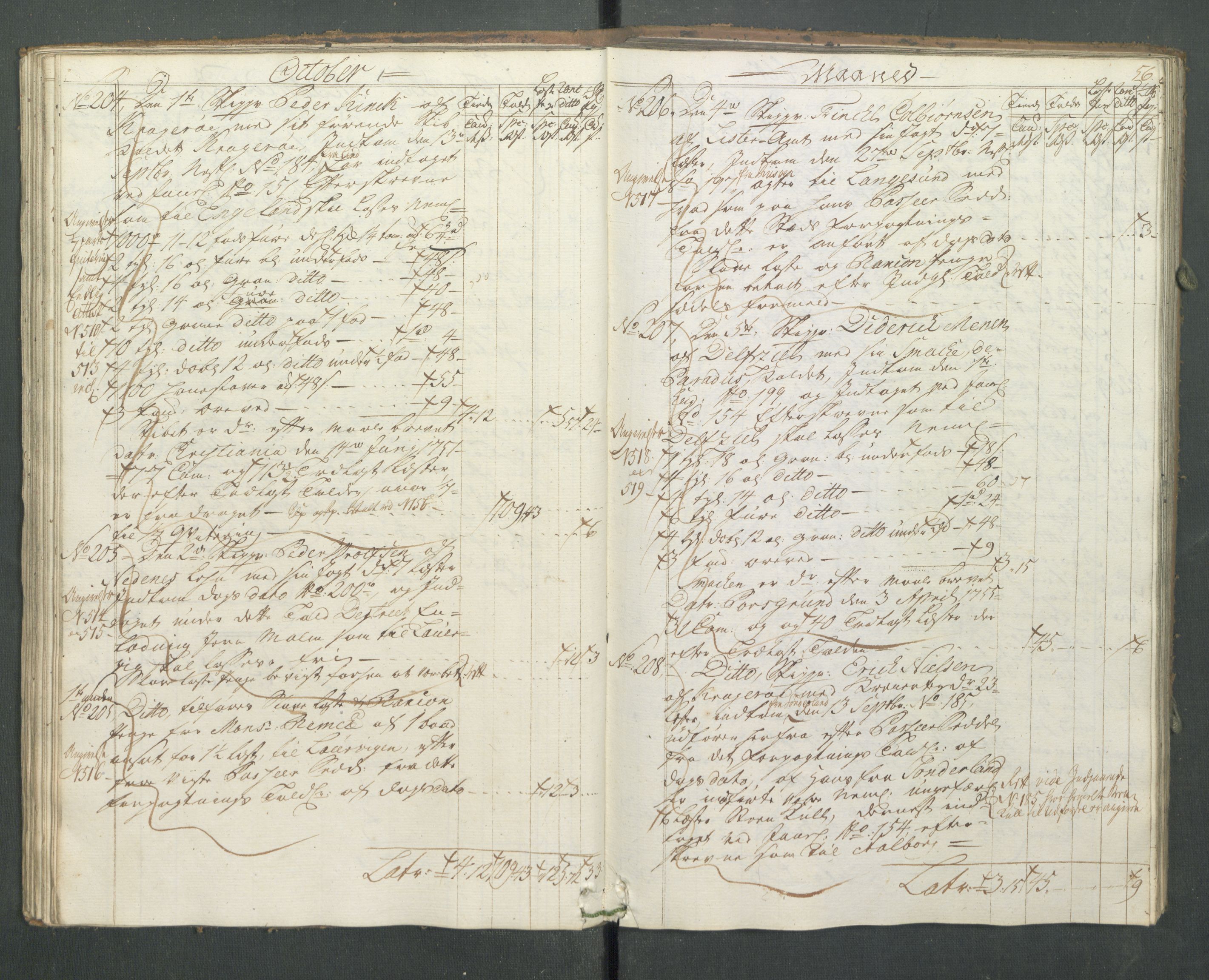 Generaltollkammeret, tollregnskaper, AV/RA-EA-5490/R13/L0033/0001: Tollregnskaper Kragerø / Utgående hovedtollbok, 1762, p. 55b-56a
