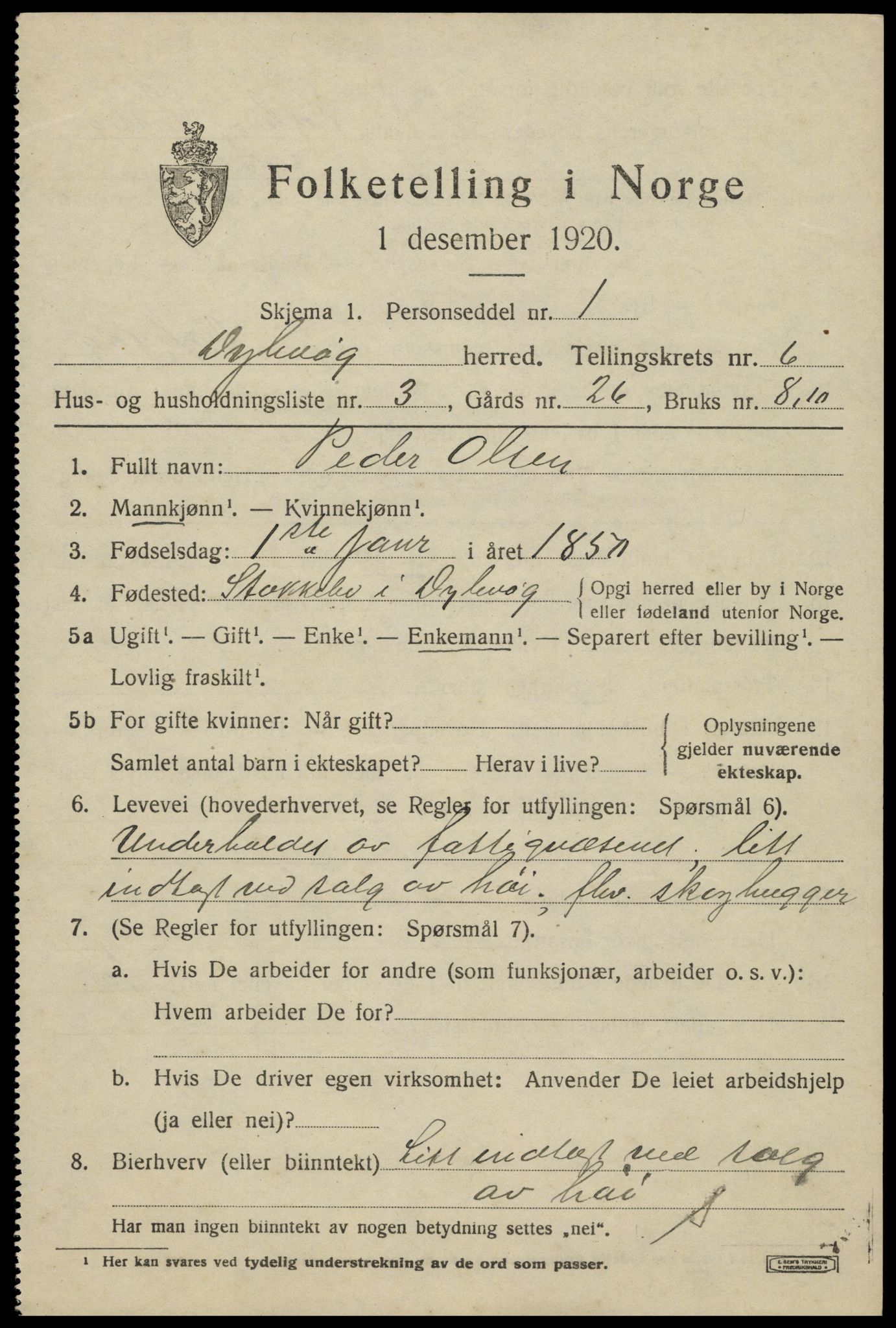 SAK, 1920 census for Dypvåg, 1920, p. 4991