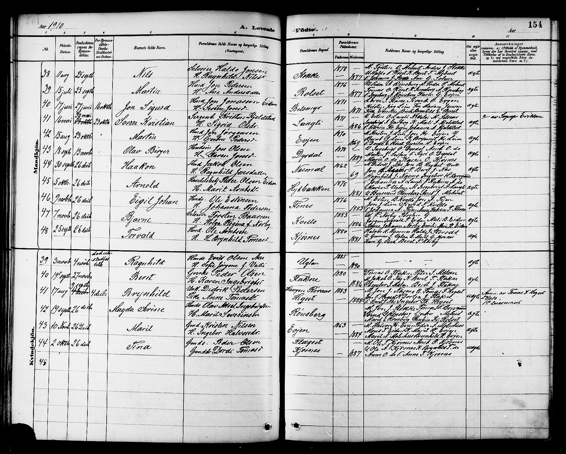 Ministerialprotokoller, klokkerbøker og fødselsregistre - Sør-Trøndelag, SAT/A-1456/695/L1157: Parish register (copy) no. 695C08, 1889-1913, p. 154