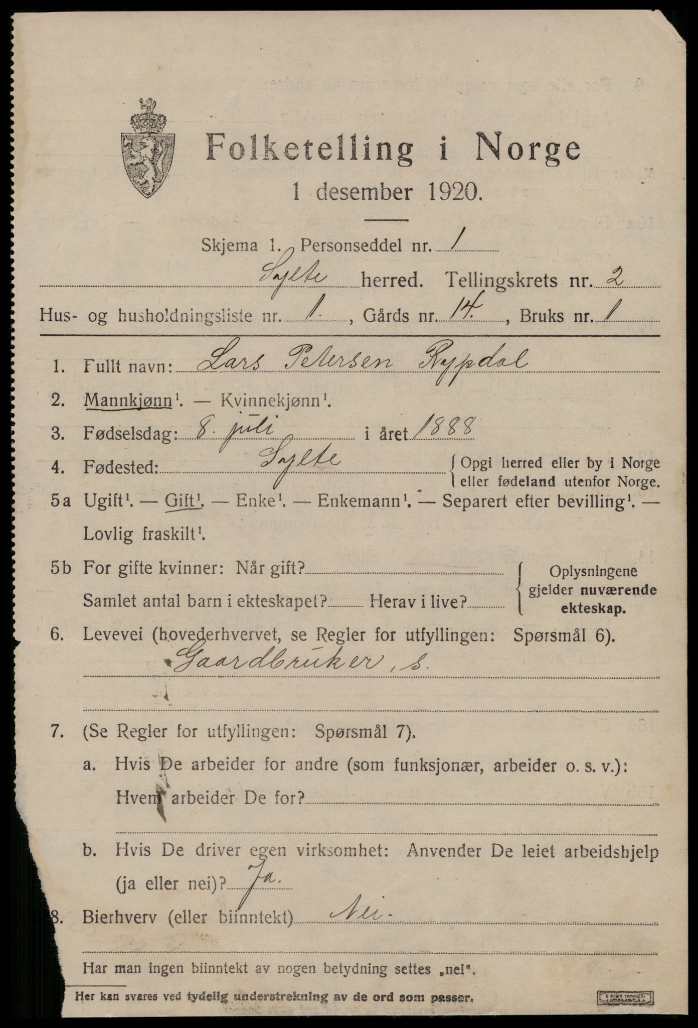 SAT, 1920 census for Sylte, 1920, p. 1181