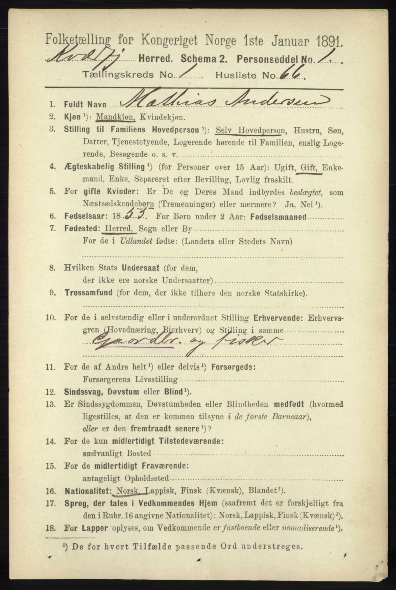 RA, 1891 census for 1911 Kvæfjord, 1891, p. 555