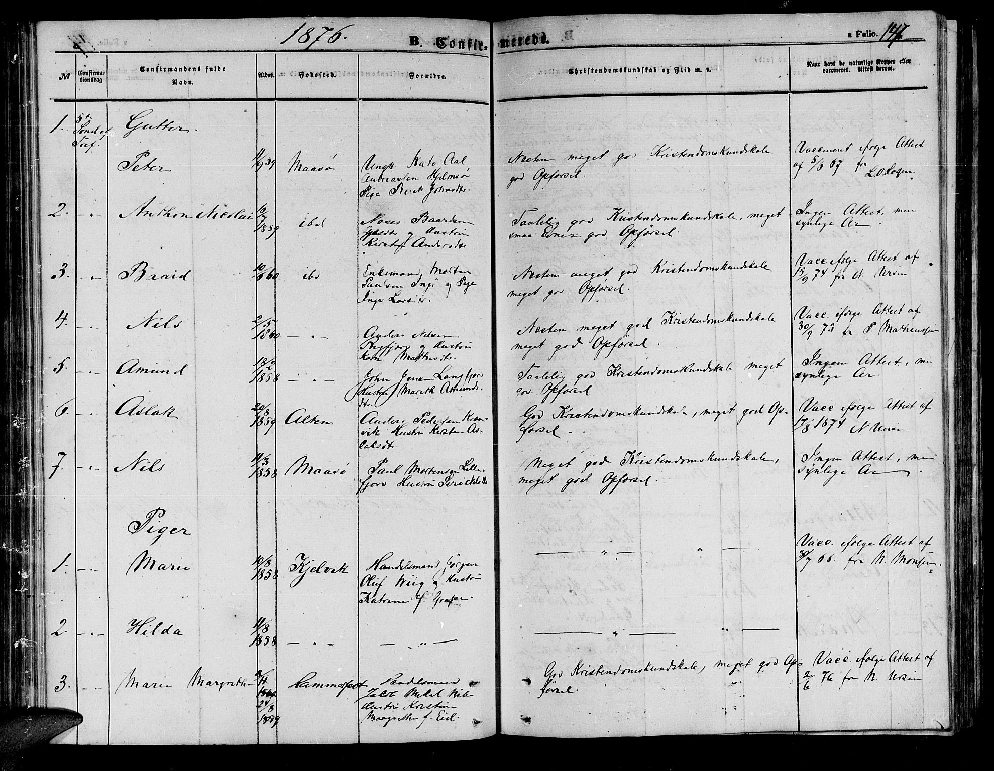 Måsøy sokneprestkontor, SATØ/S-1348/H/Hb/L0001klokker: Parish register (copy) no. 1, 1852-1877, p. 147