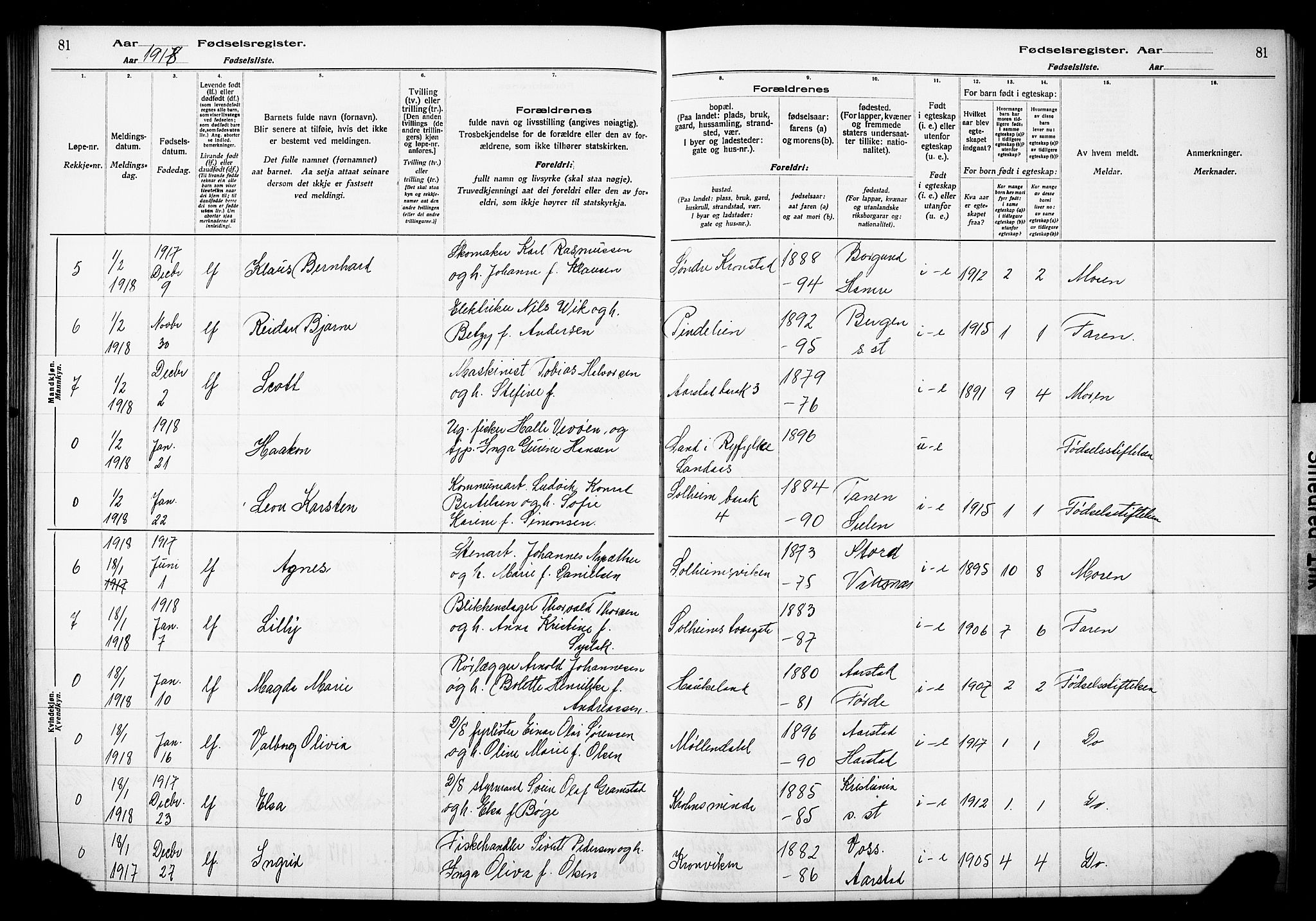 Årstad Sokneprestembete, AV/SAB-A-79301/I/Id/L0A01: Birth register no. A 1, 1916-1920, p. 81