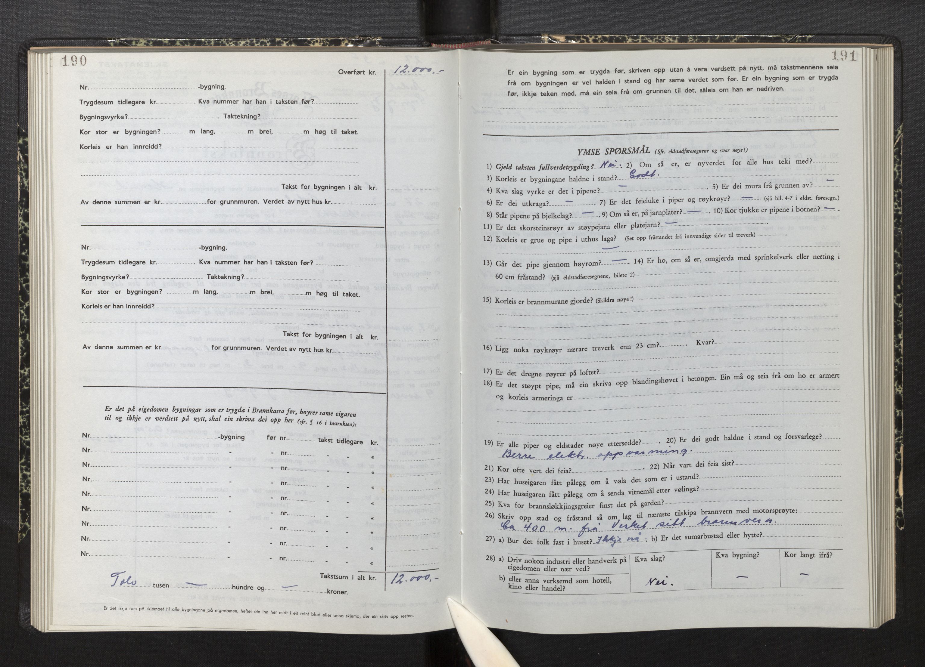 Lensmannen i Årdal, AV/SAB-A-30501/0012/L0012: Branntakstprotokoll, skjematakst, 1949-1955, p. 190-191