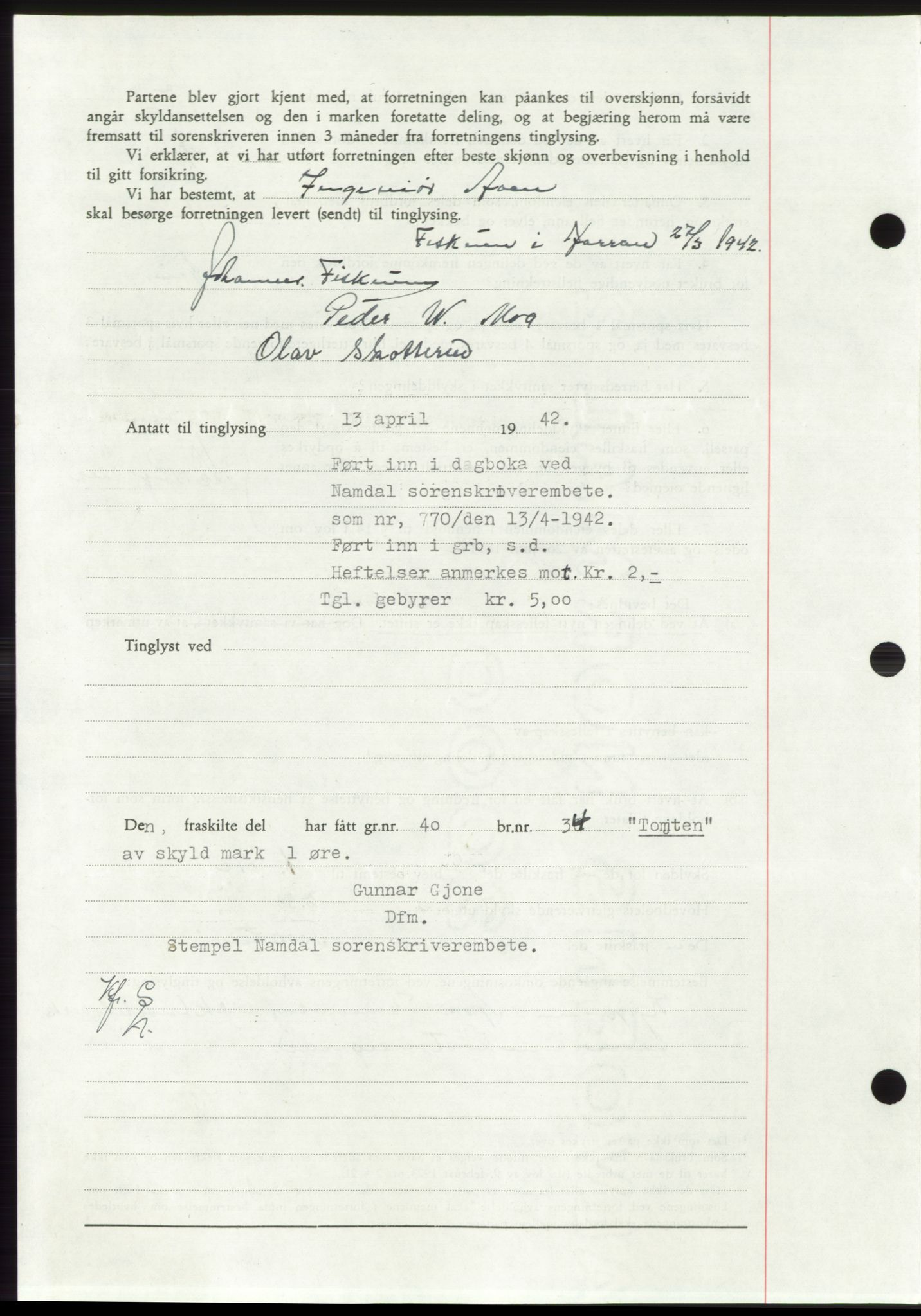 Namdal sorenskriveri, SAT/A-4133/1/2/2C: Mortgage book no. -, 1941-1942, Diary no: : 770/1942
