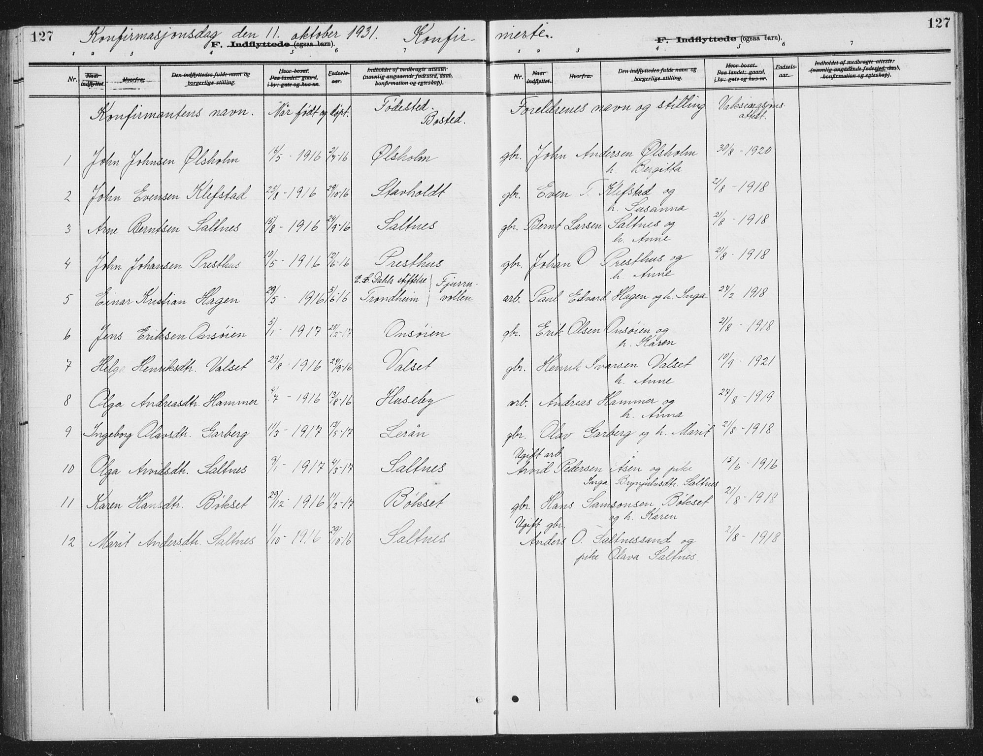 Ministerialprotokoller, klokkerbøker og fødselsregistre - Sør-Trøndelag, SAT/A-1456/666/L0791: Parish register (copy) no. 666C04, 1909-1939, p. 127