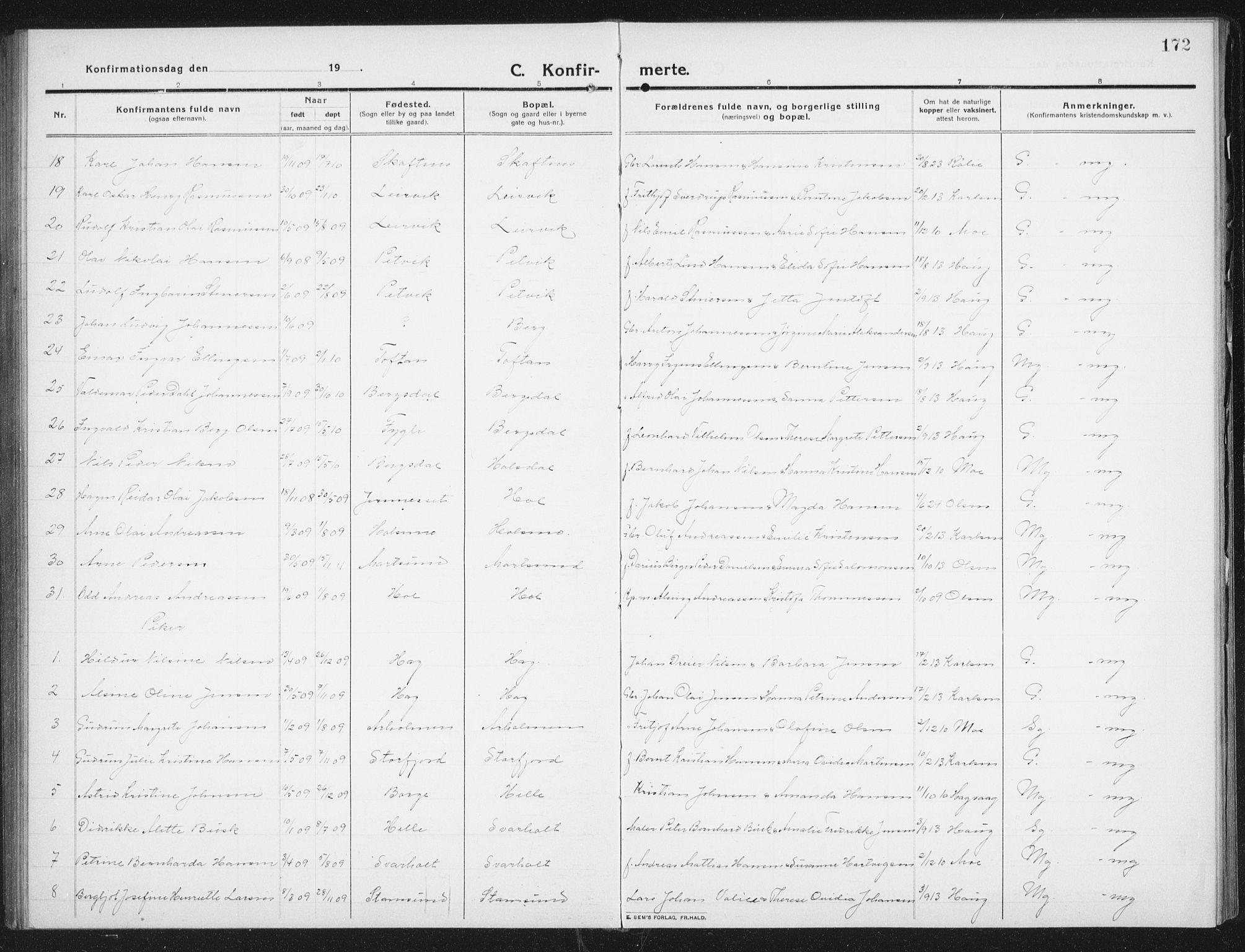 Ministerialprotokoller, klokkerbøker og fødselsregistre - Nordland, SAT/A-1459/882/L1183: Parish register (copy) no. 882C01, 1911-1938, p. 172