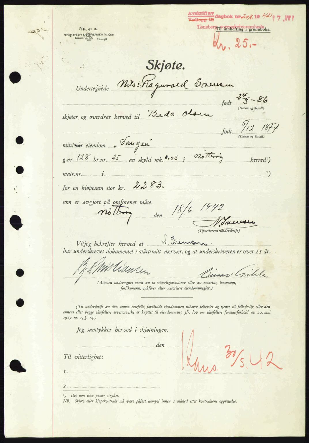 Tønsberg sorenskriveri, AV/SAKO-A-130/G/Ga/Gaa/L0011: Mortgage book no. A11, 1941-1942, Diary no: : 2016/1942