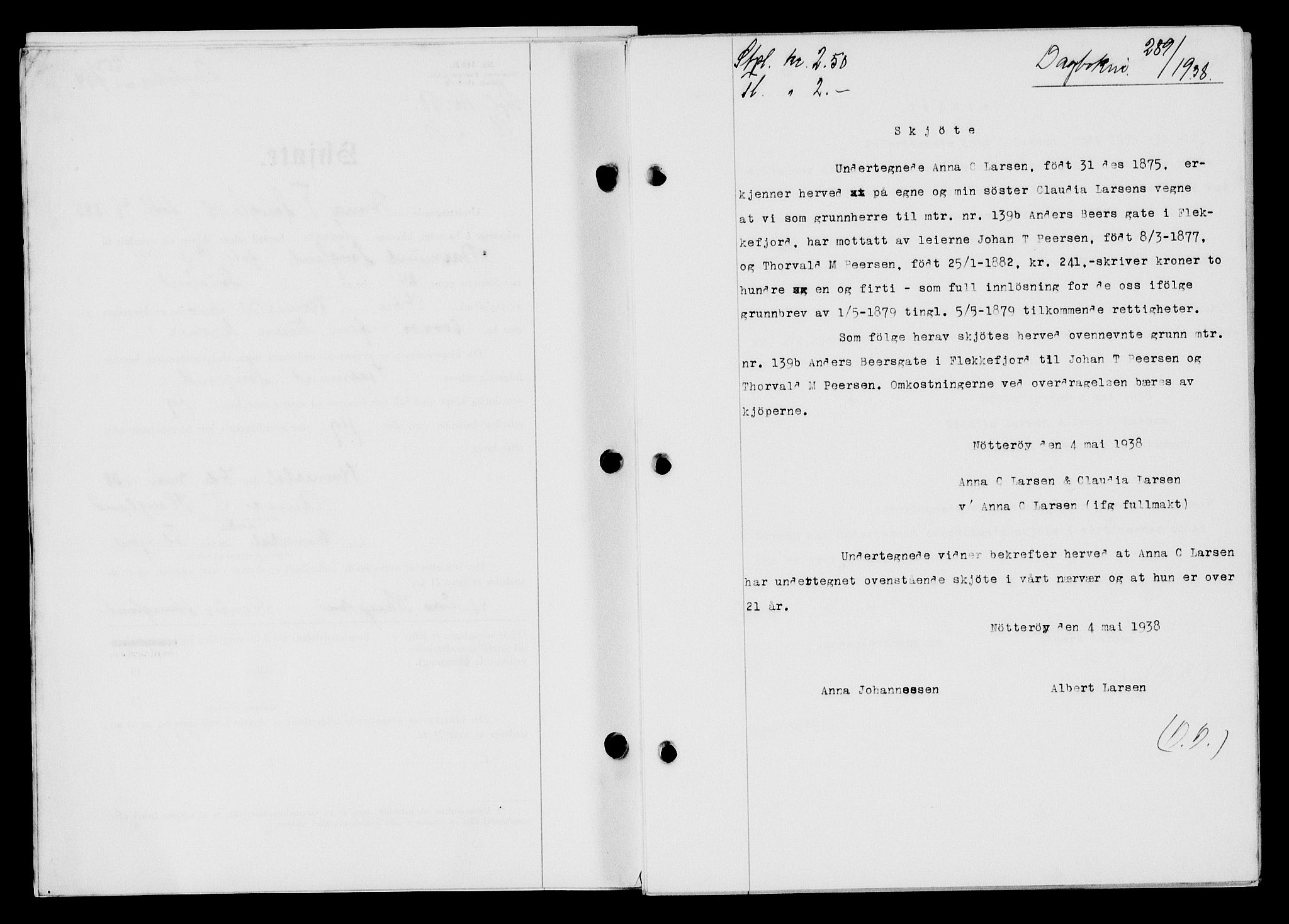 Flekkefjord sorenskriveri, SAK/1221-0001/G/Gb/Gba/L0054: Mortgage book no. A-2, 1937-1938, Diary no: : 289/1938
