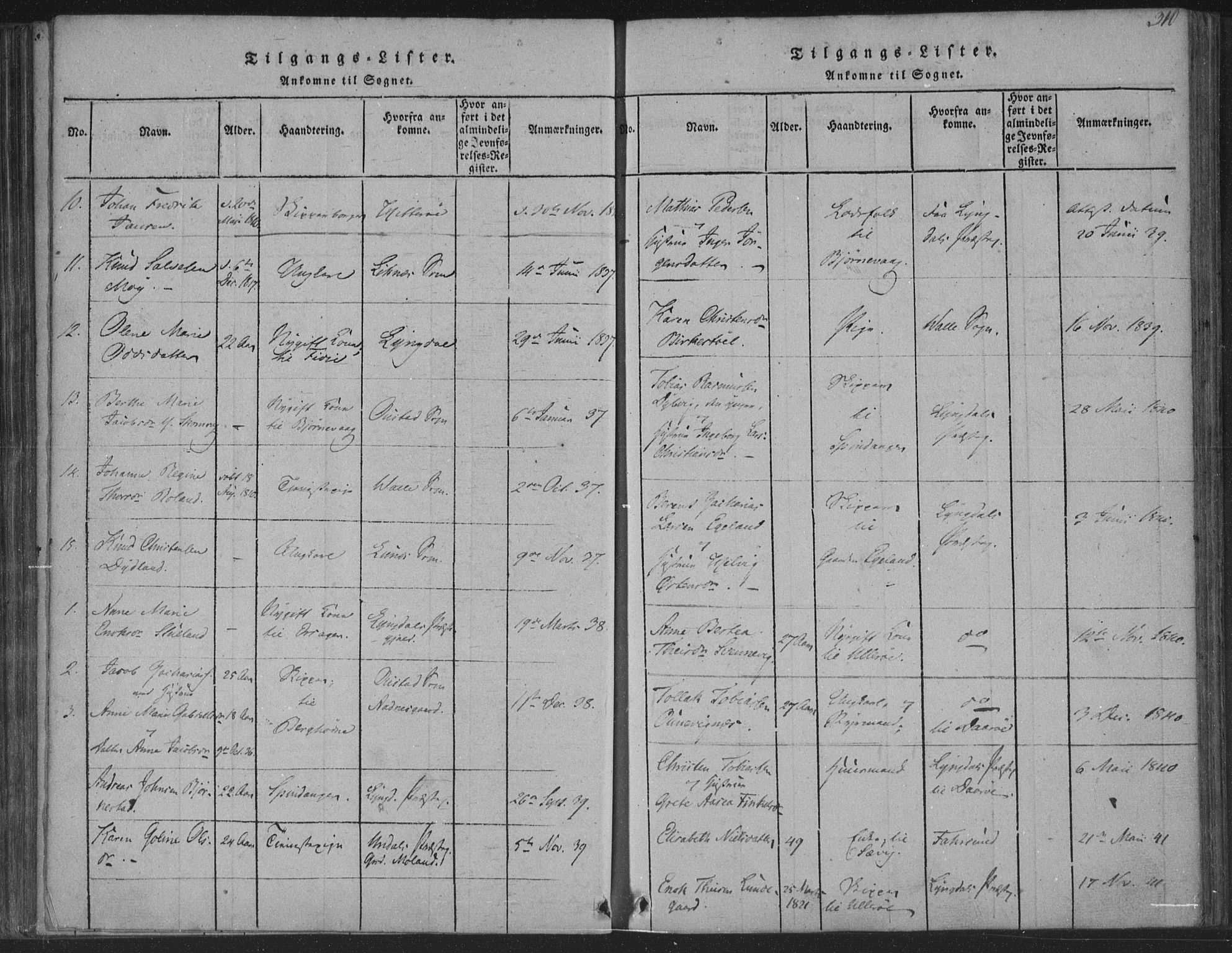 Herad sokneprestkontor, SAK/1111-0018/F/Fa/Fab/L0002: Parish register (official) no. A 2, 1816-1844, p. 310