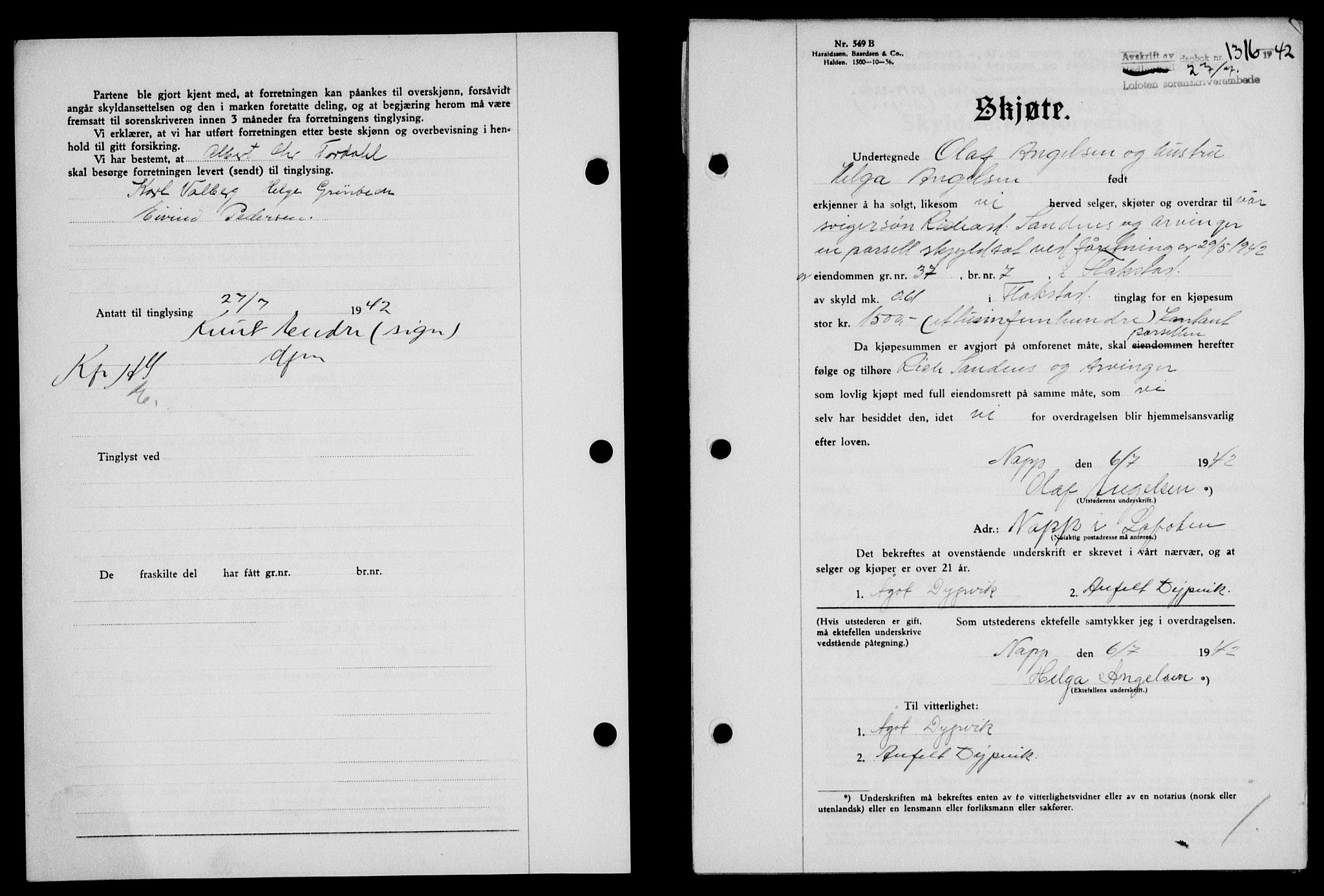 Lofoten sorenskriveri, SAT/A-0017/1/2/2C/L0010a: Mortgage book no. 10a, 1942-1943, Diary no: : 1316/1942