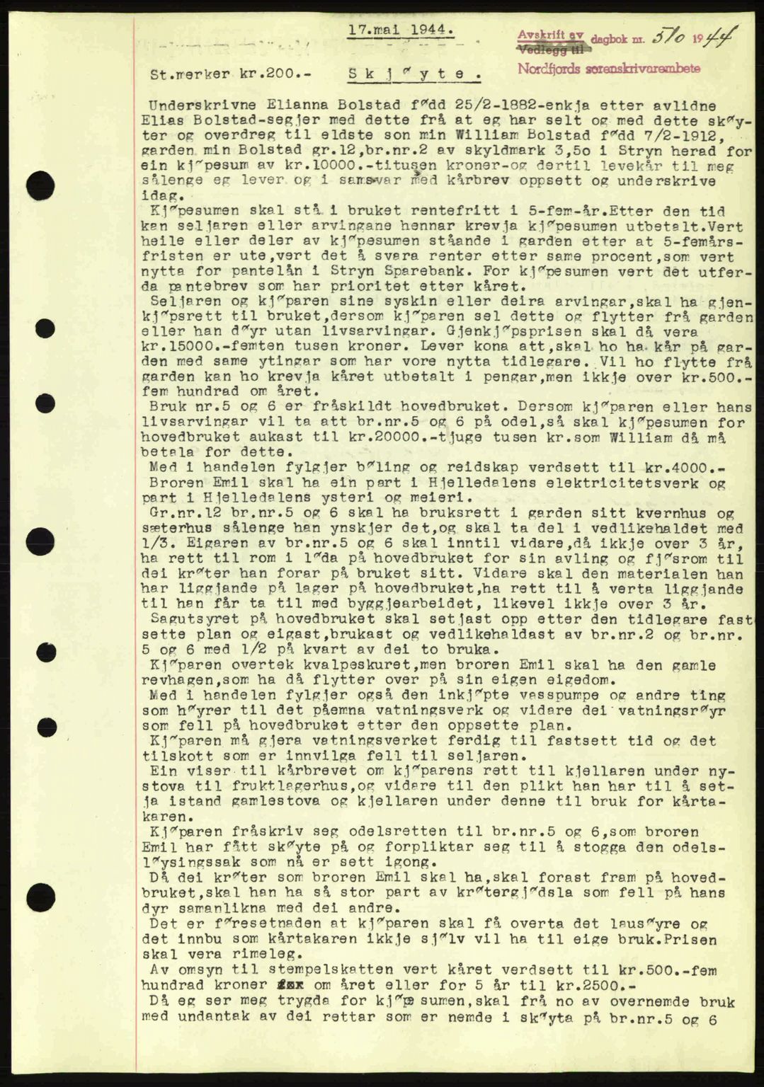 Nordfjord sorenskriveri, SAB/A-2801/02/02b/02bj/L0009a: Mortgage book no. A9 I, 1944-1944, Diary no: : 510/1944